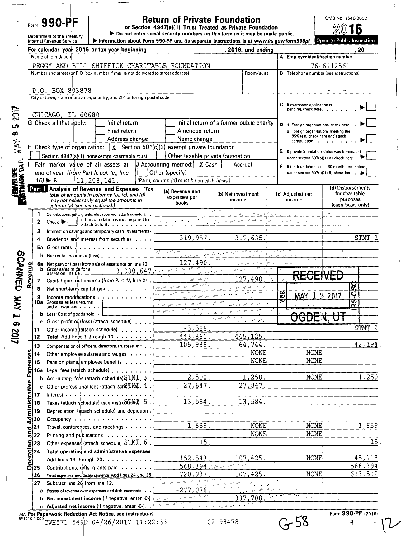 Image of first page of 2016 Form 990PF for Peggy and Bill Shiffick Charitable Foundation