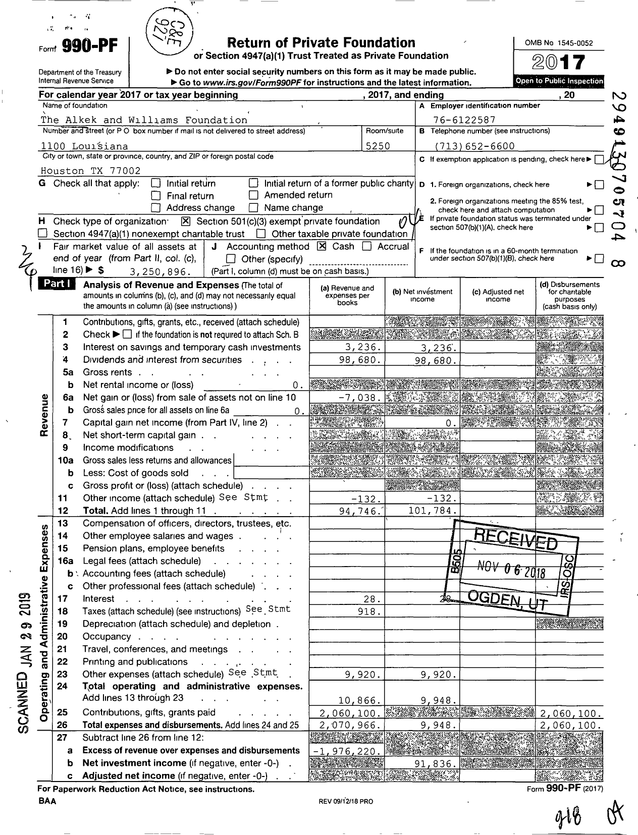 Image of first page of 2017 Form 990PF for The Alkek and Williams Foundation