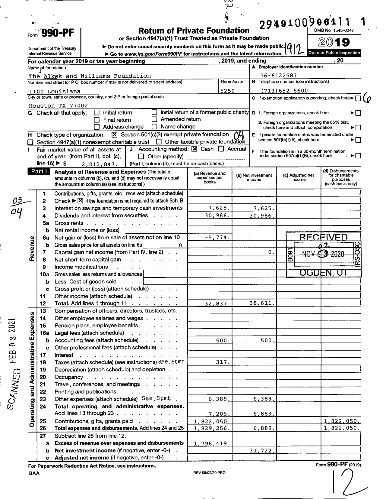 Image of first page of 2019 Form 990PF for The Alkek and Williams Foundation