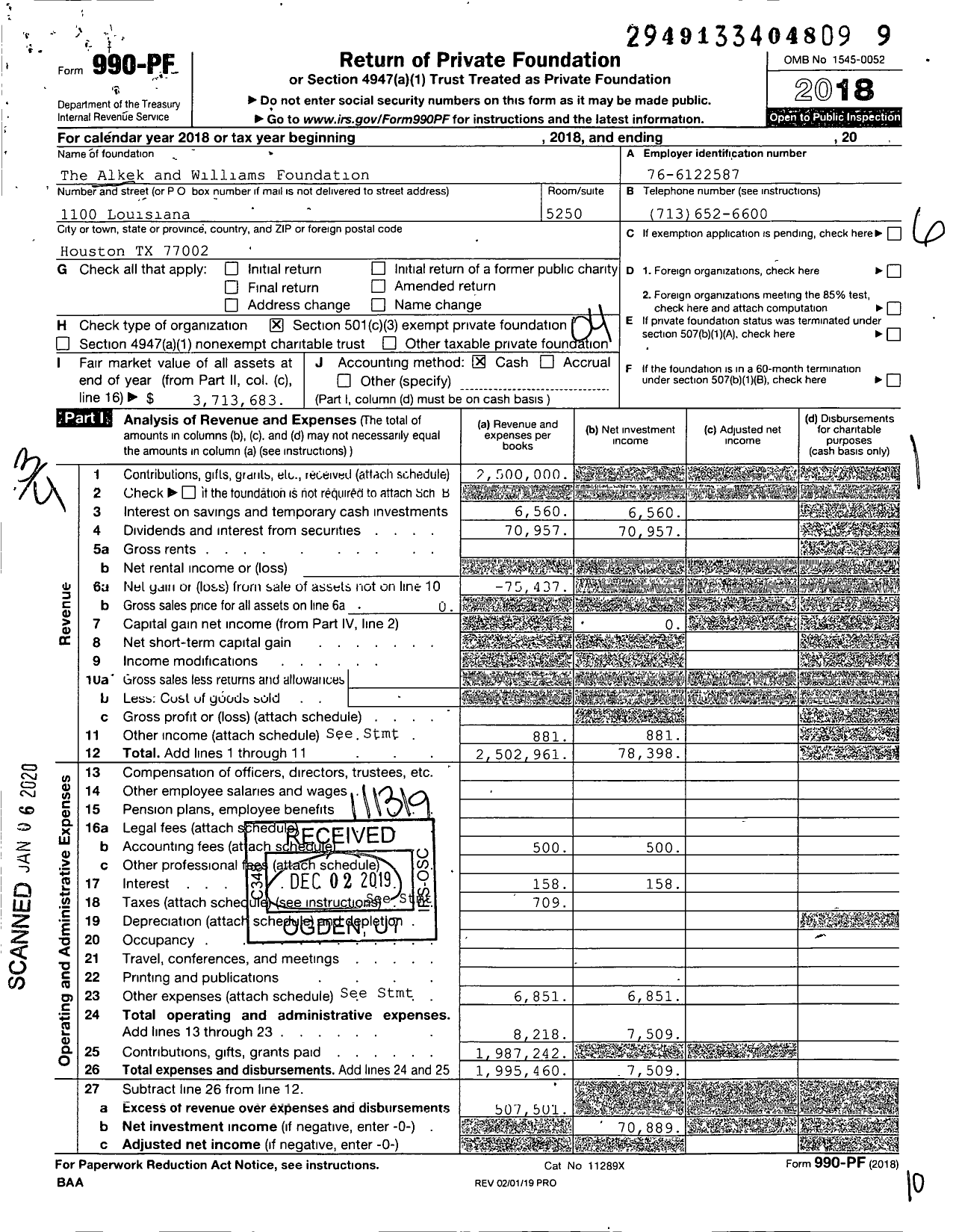 Image of first page of 2018 Form 990PF for The Alkek and Williams Foundation