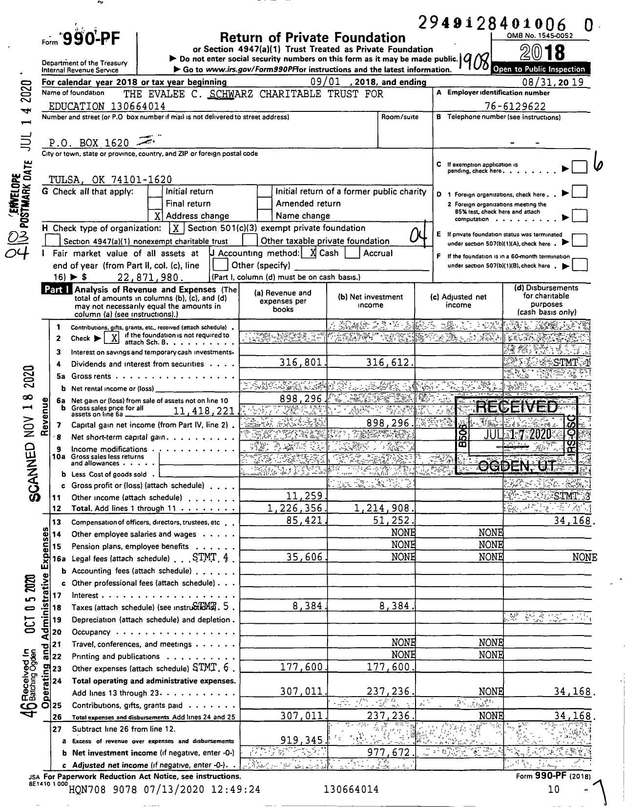 Image of first page of 2018 Form 990PF for Evalee C. Schwarz Charitable Trust for Education