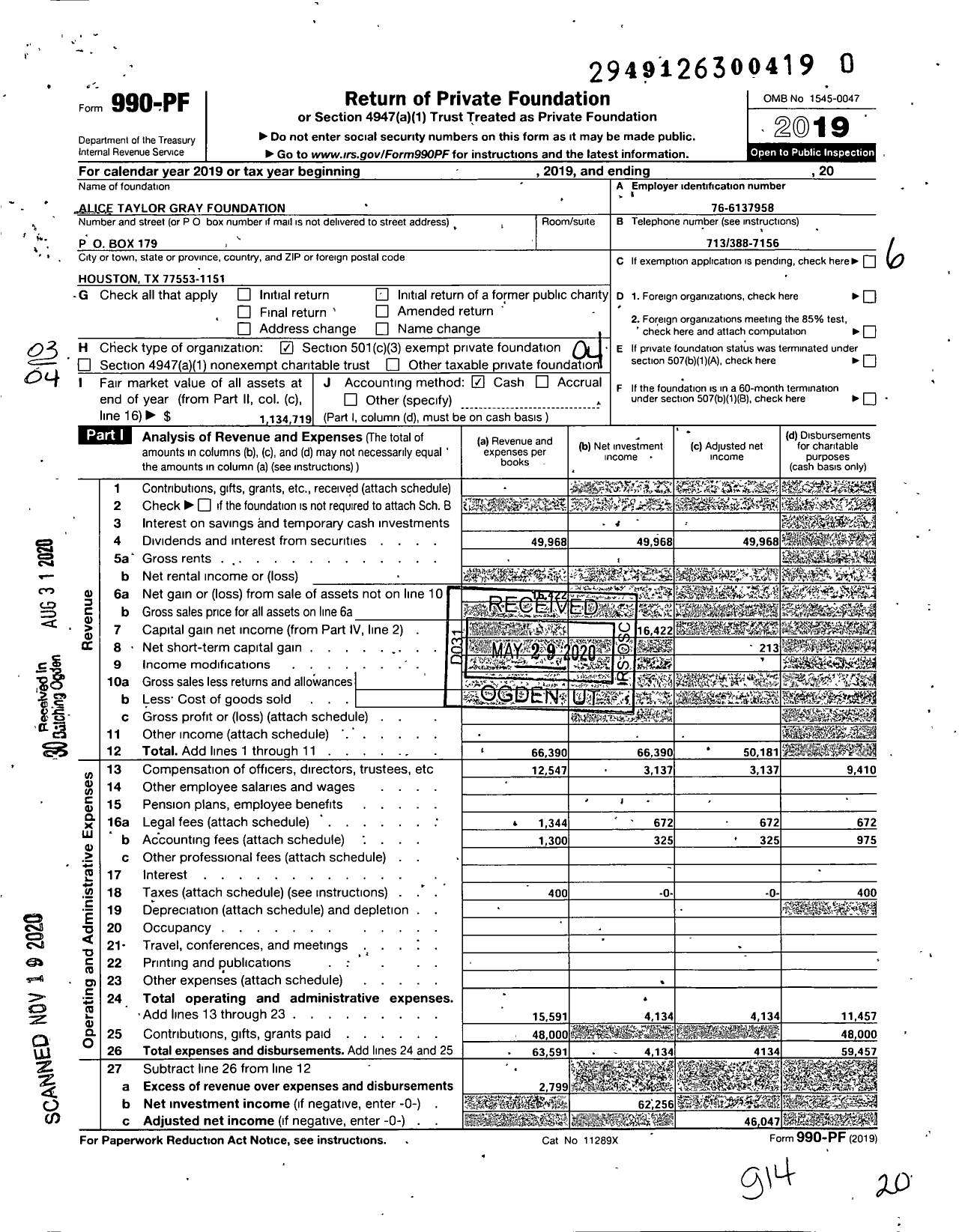 Image of first page of 2019 Form 990PF for Alice Taylor Gray Foundation Acct #G02992