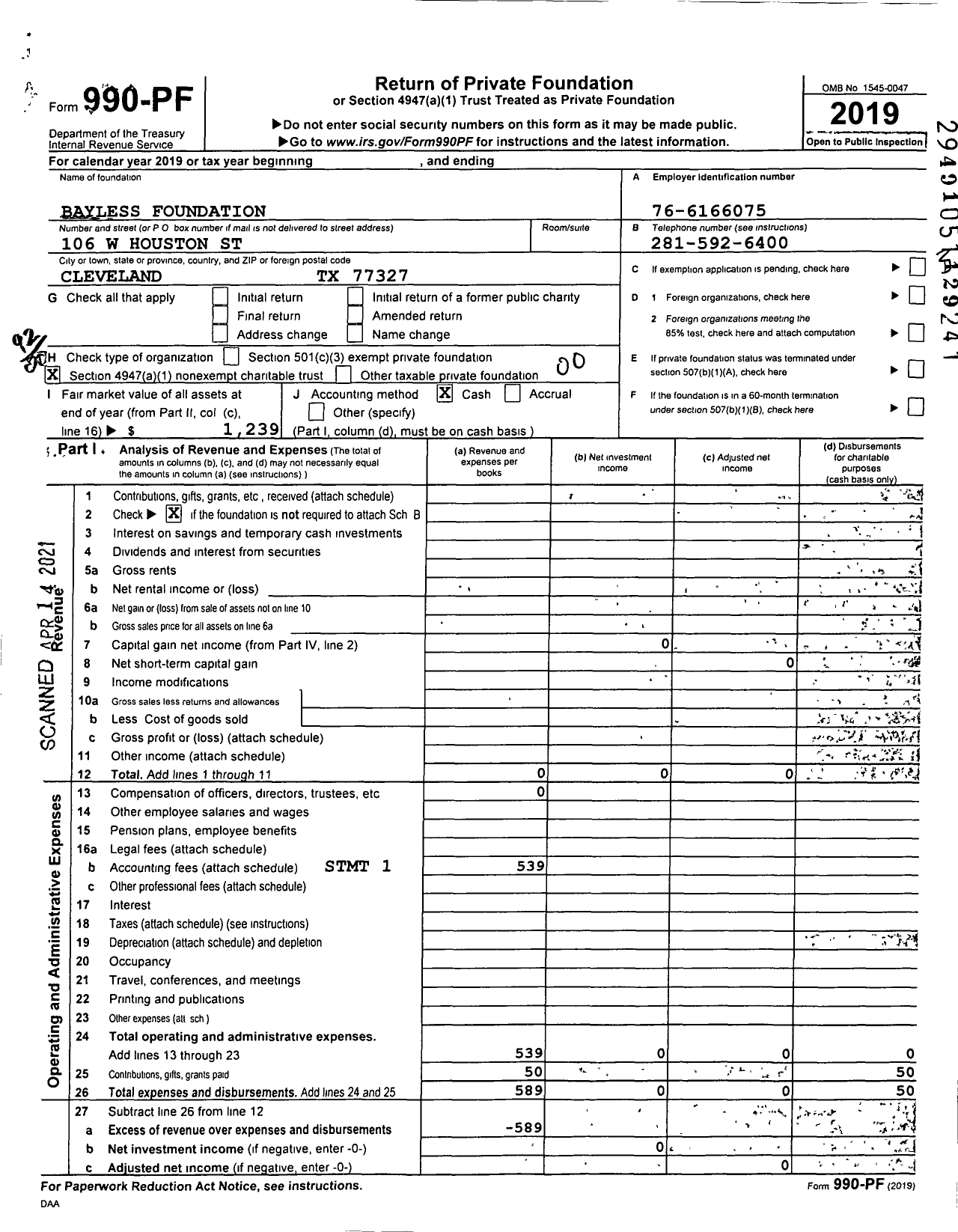 Image of first page of 2019 Form 990PF for Bayless Foundation