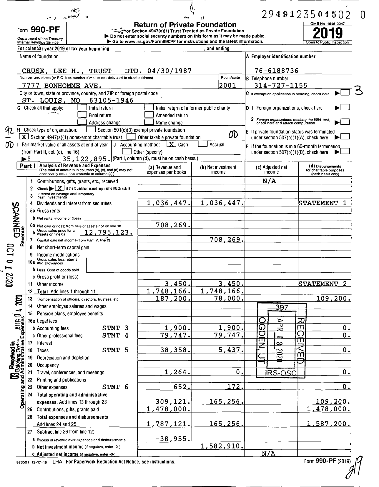 Image of first page of 2019 Form 990PR for Cruse Lee H Trust DTD 04301987