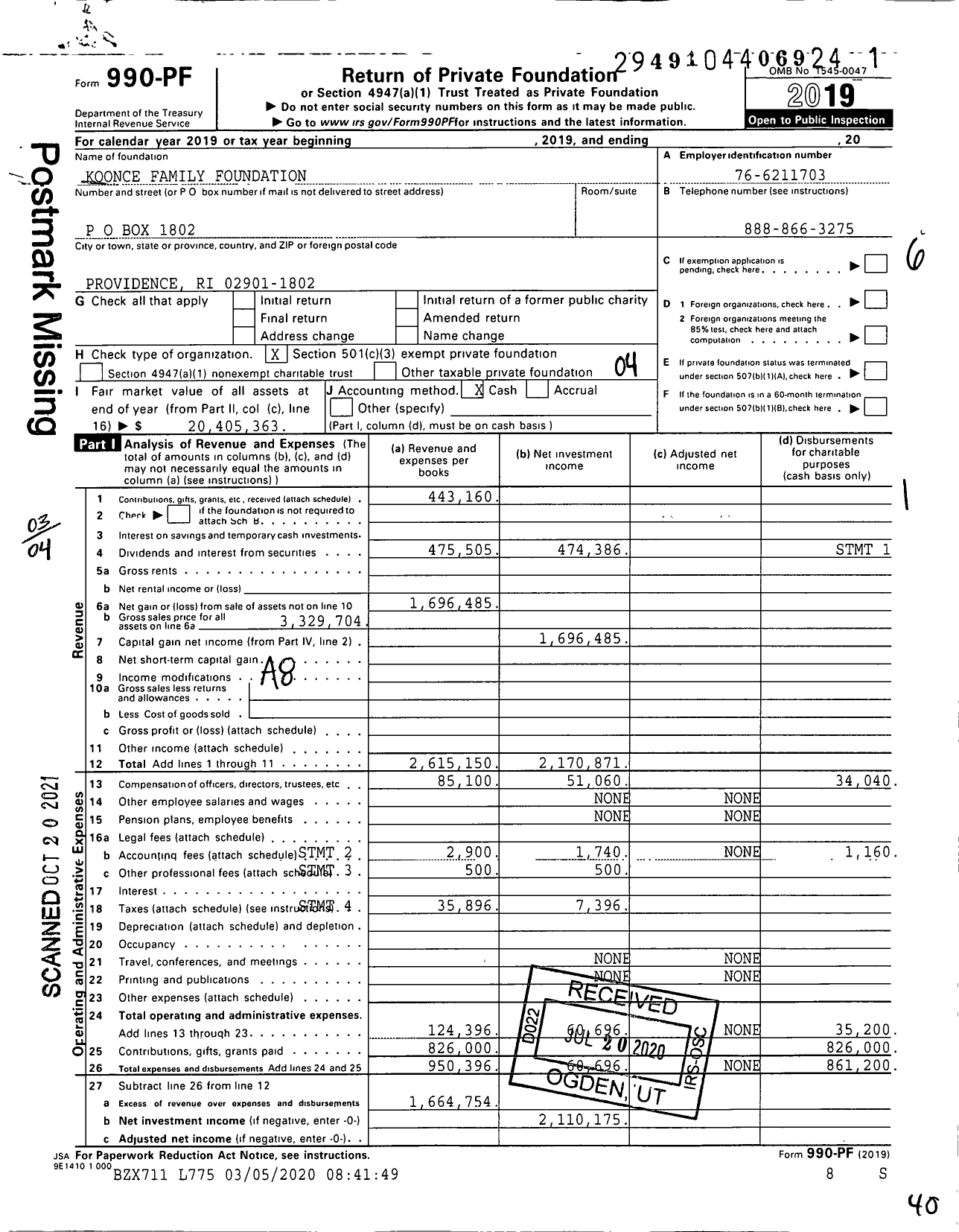 Image of first page of 2019 Form 990PF for Koonce Family Foundation