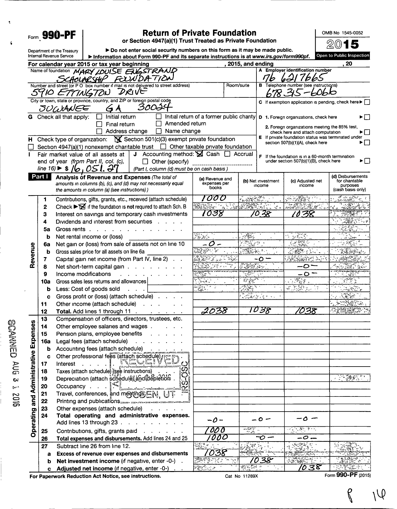 Image of first page of 2015 Form 990PF for Mary Louise Engstrand Scholarship Foundation