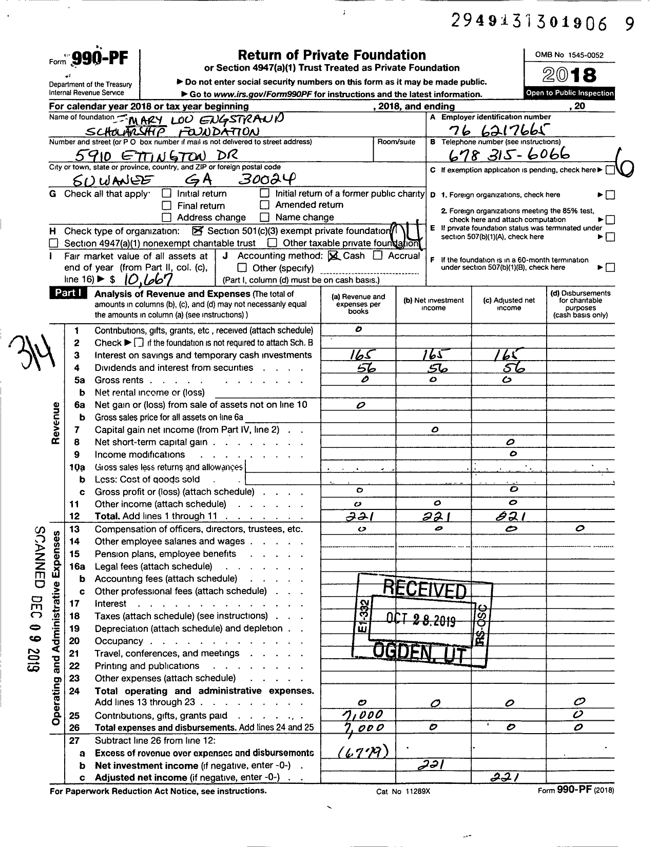 Image of first page of 2018 Form 990PF for Mary Louise Engstrand Scholarship Foundation