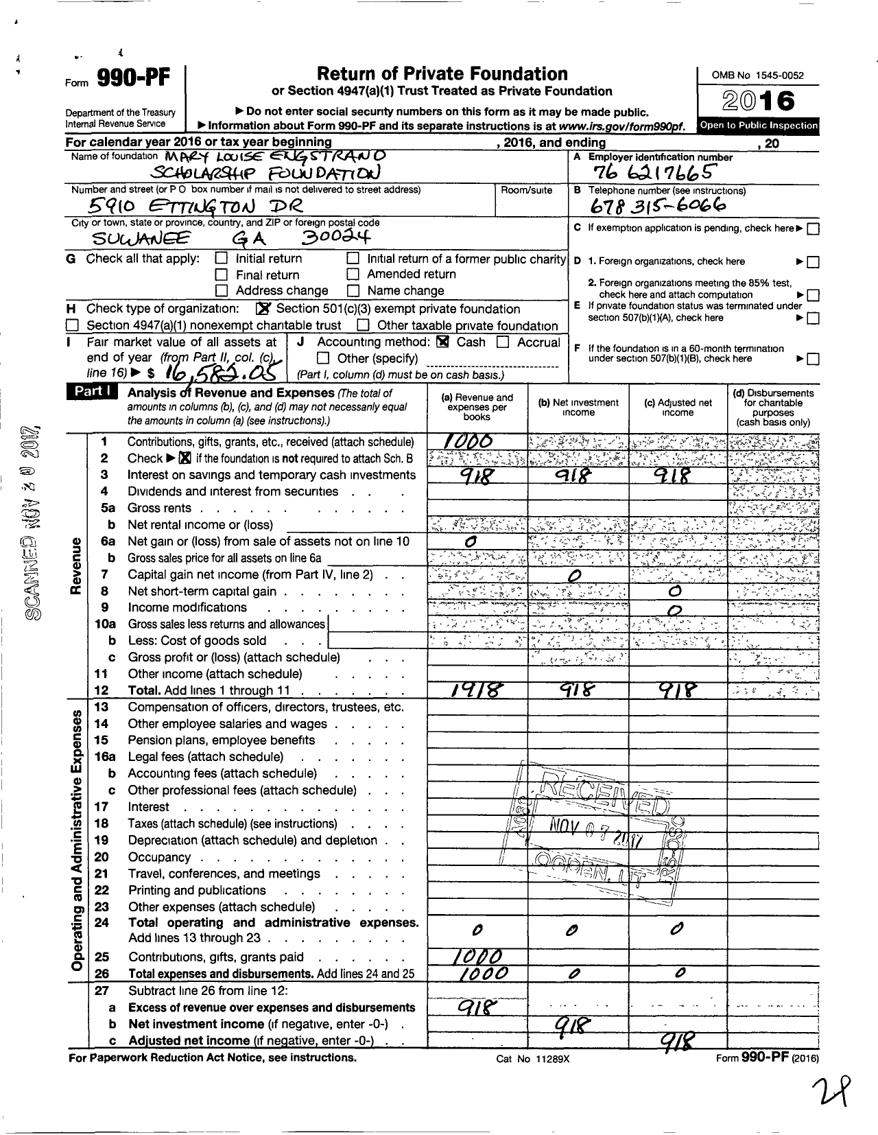 Image of first page of 2016 Form 990PF for Mary Louise Engstrand Scholarship Foundation