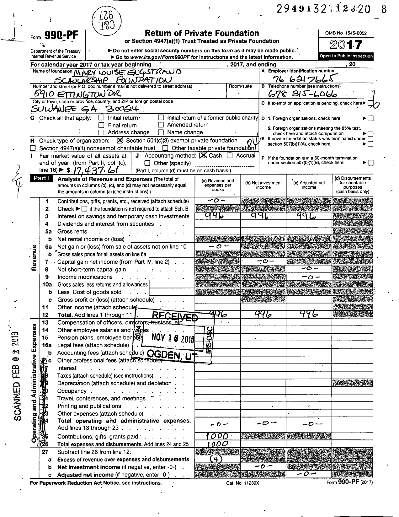 Image of first page of 2017 Form 990PF for Mary Louise Engstrand Scholarship Foundation