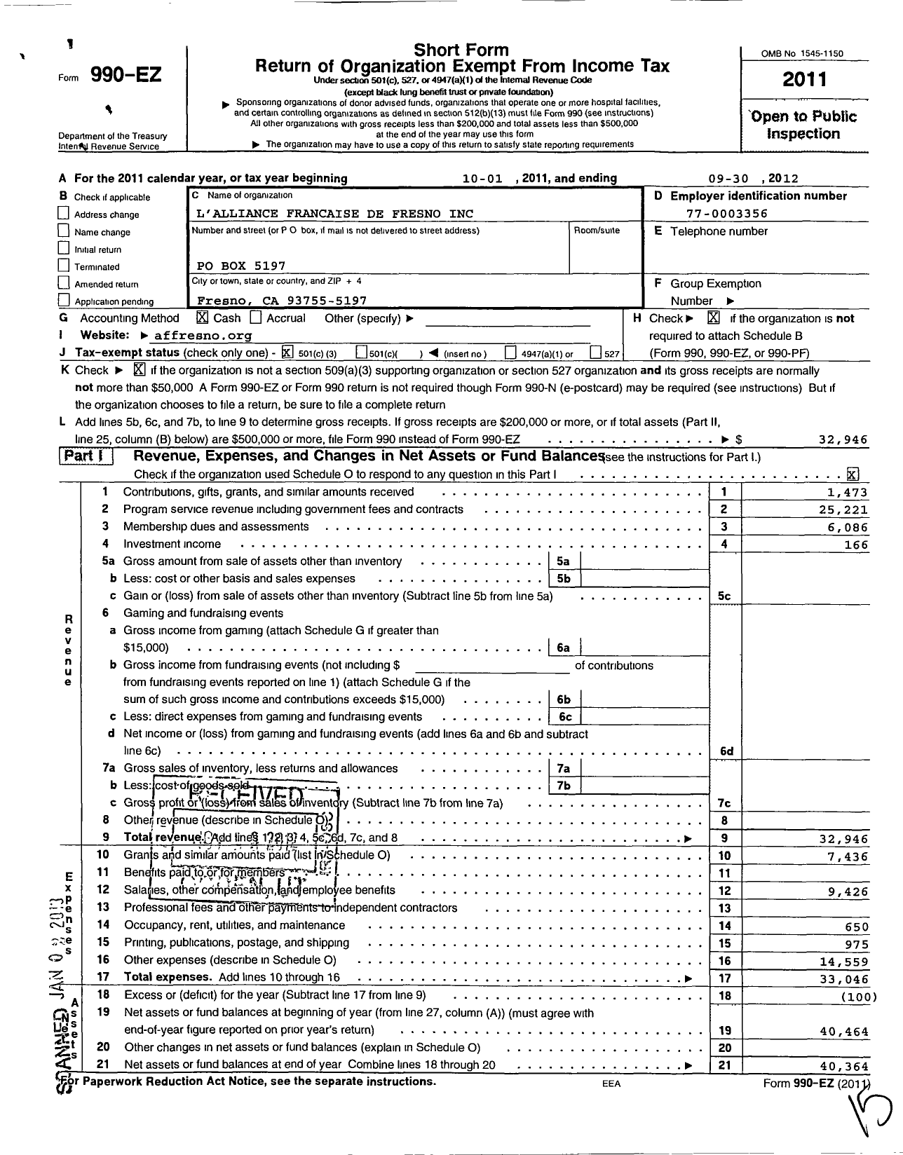 Image of first page of 2011 Form 990EZ for L Alliance Francaise De Fresno