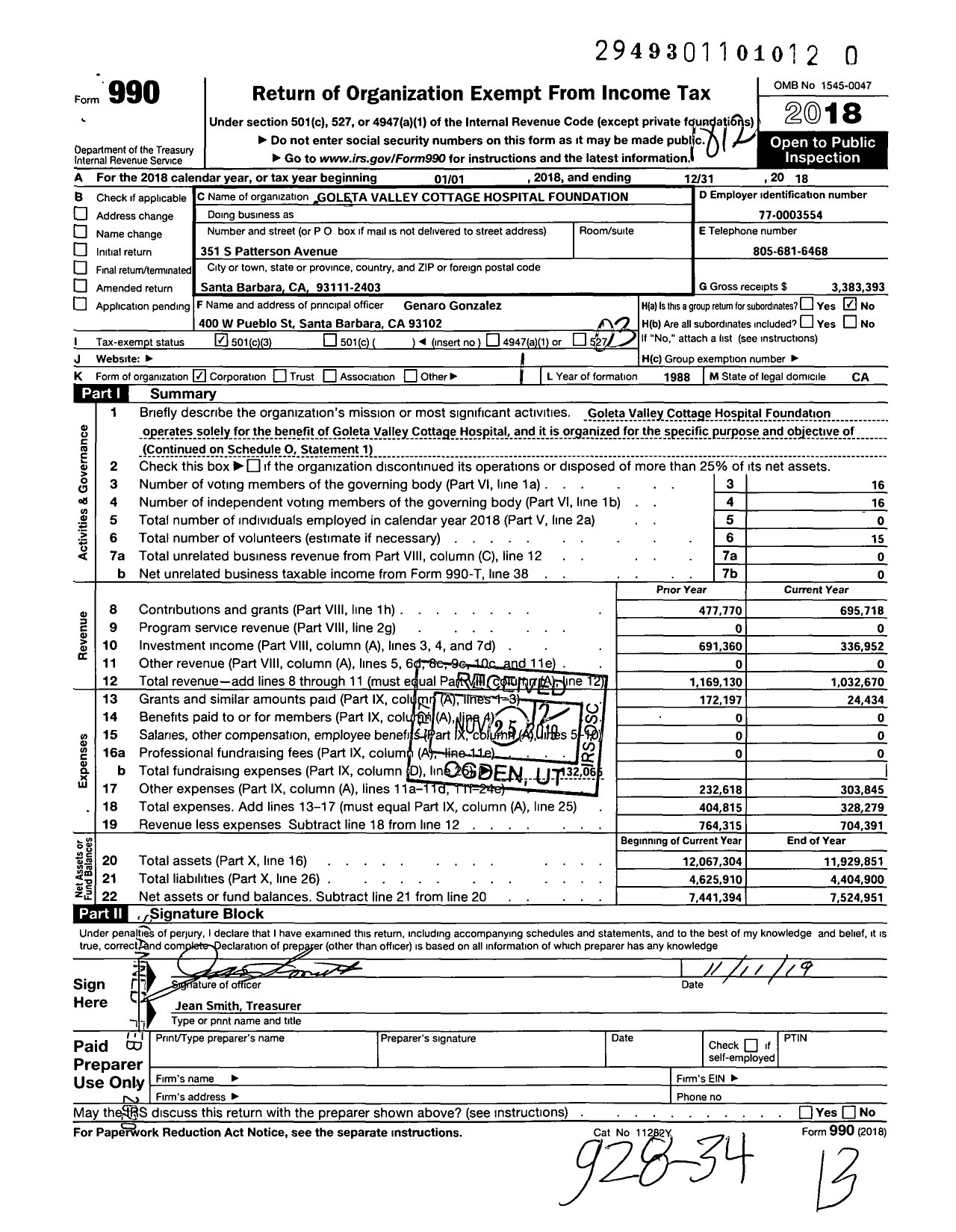 Image of first page of 2018 Form 990 for Goleta Valley Cottage Hospital Foundation