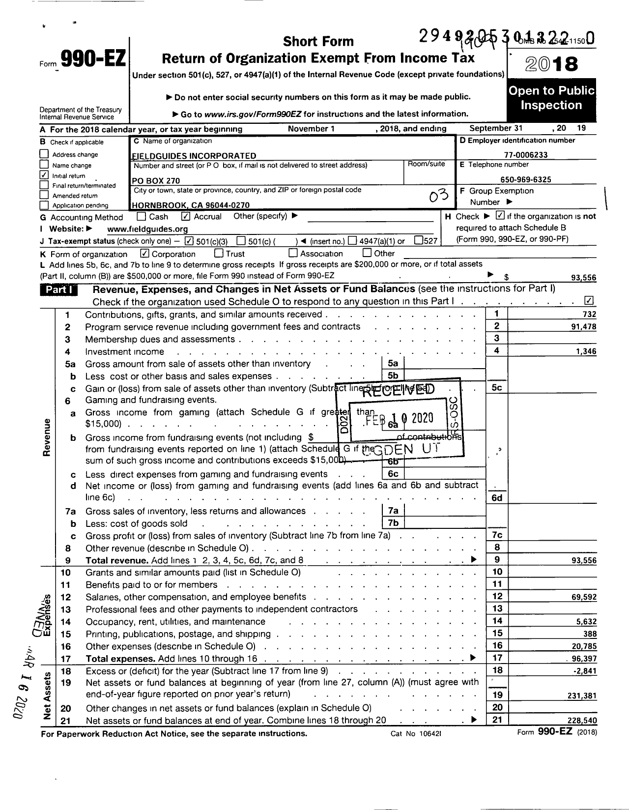 Image of first page of 2018 Form 990EZ for Fieldguides Incorporated