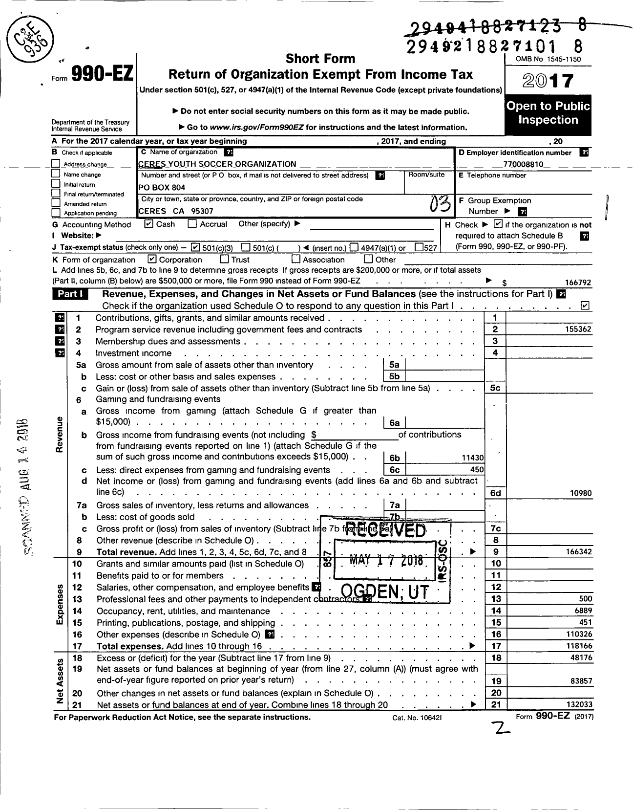 Image of first page of 2017 Form 990EZ for Ceres Youth Soccer Organization