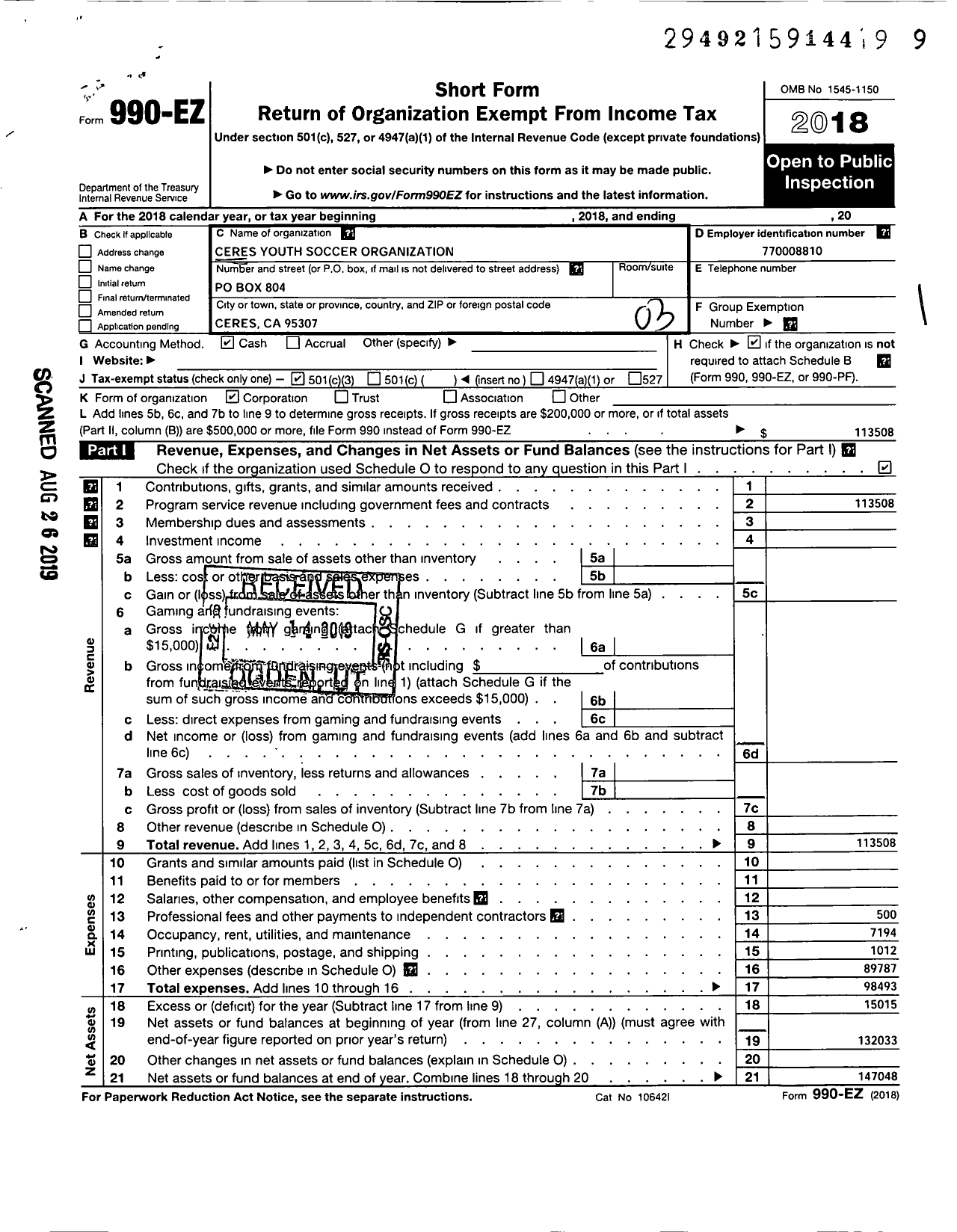 Image of first page of 2018 Form 990EZ for Ceres Youth Soccer Organization