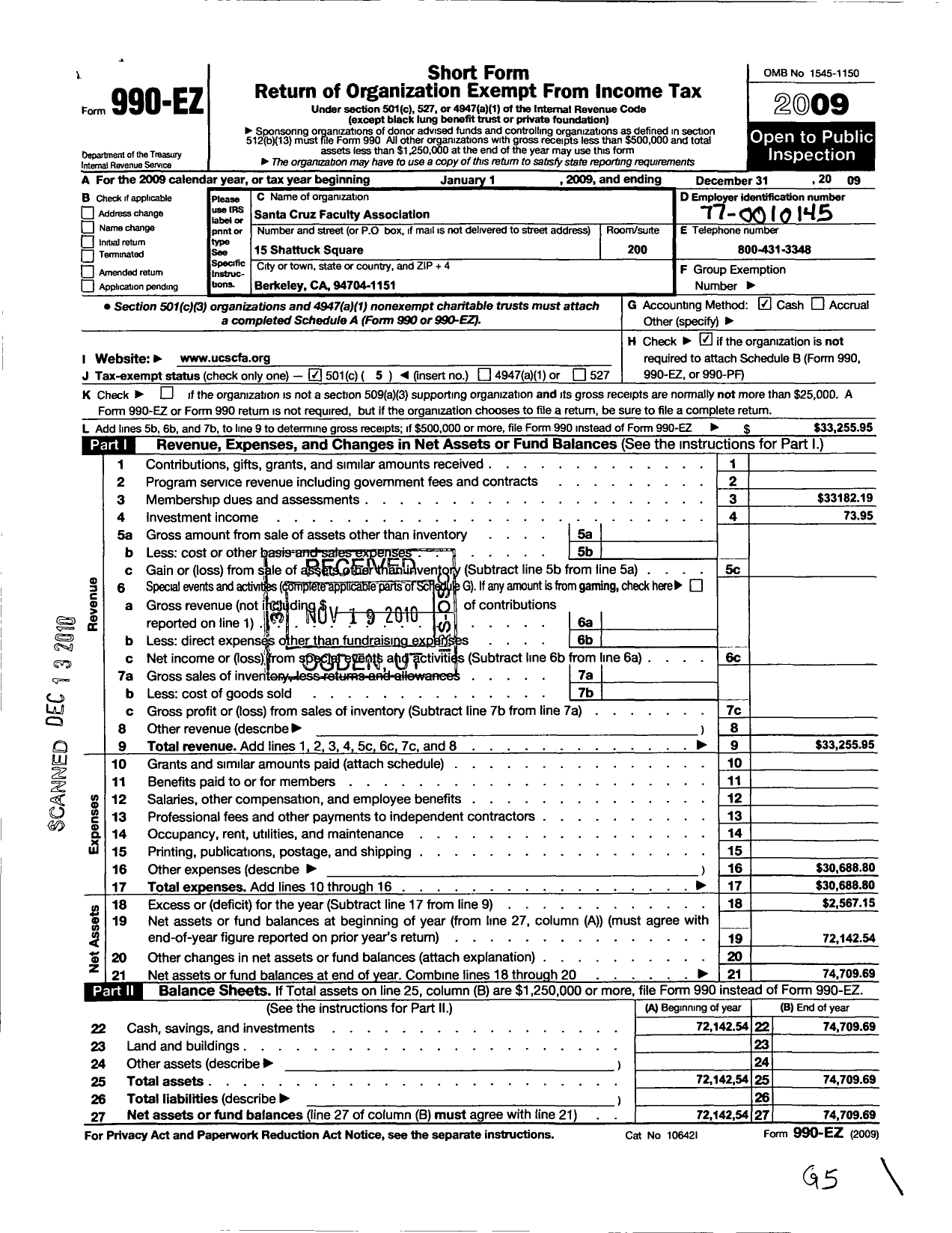 Image of first page of 2009 Form 990EO for Santa Cruz Faculty Association