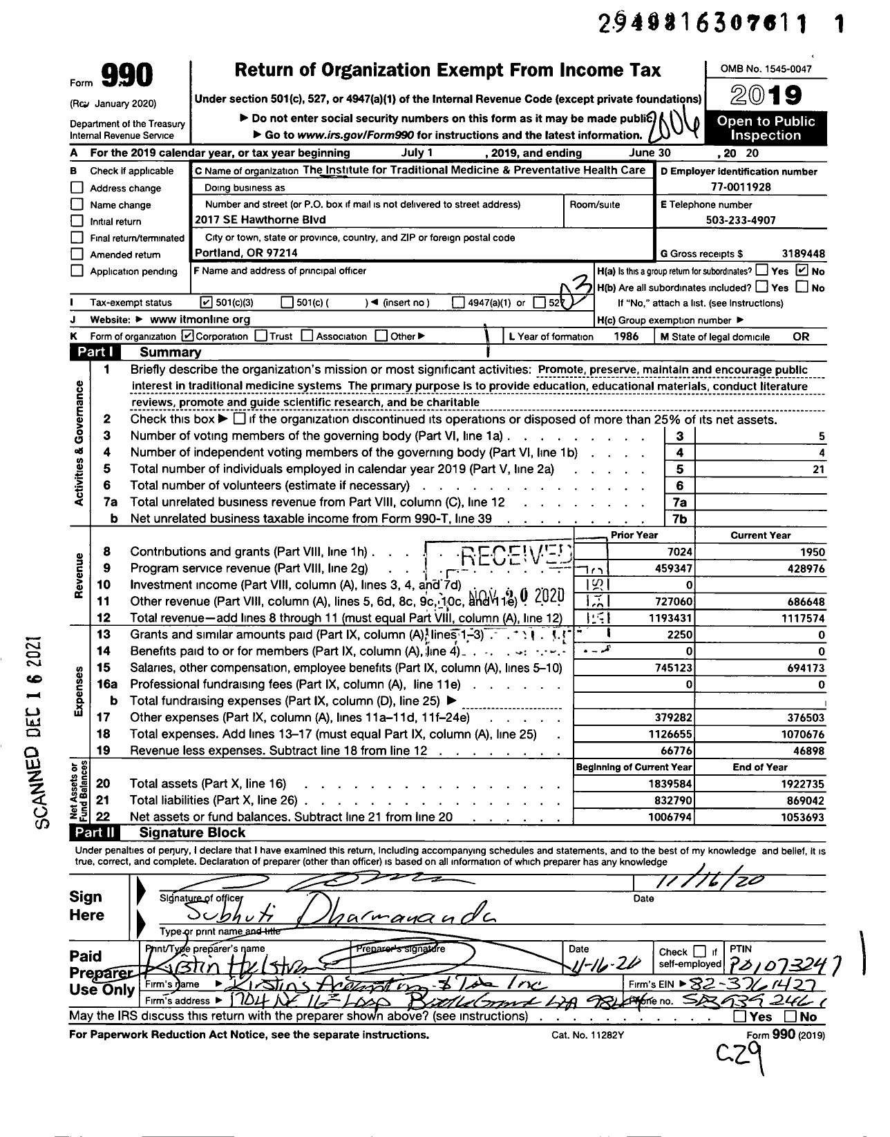 Image of first page of 2019 Form 990 for Institute for Traditional Medicine and Preventive Health Care (ITM)