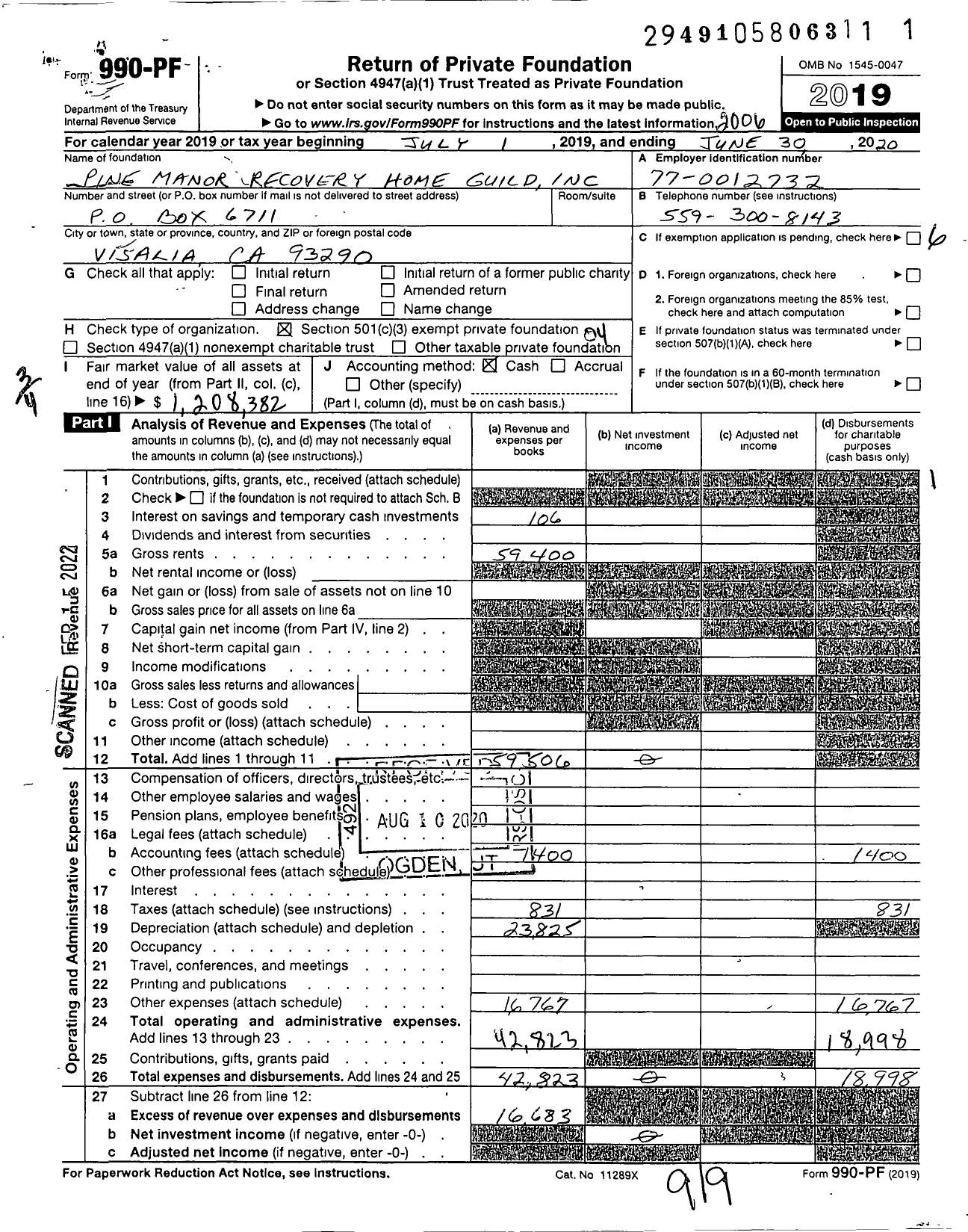 Image of first page of 2019 Form 990PF for Pine Manor Recovery Home Guild