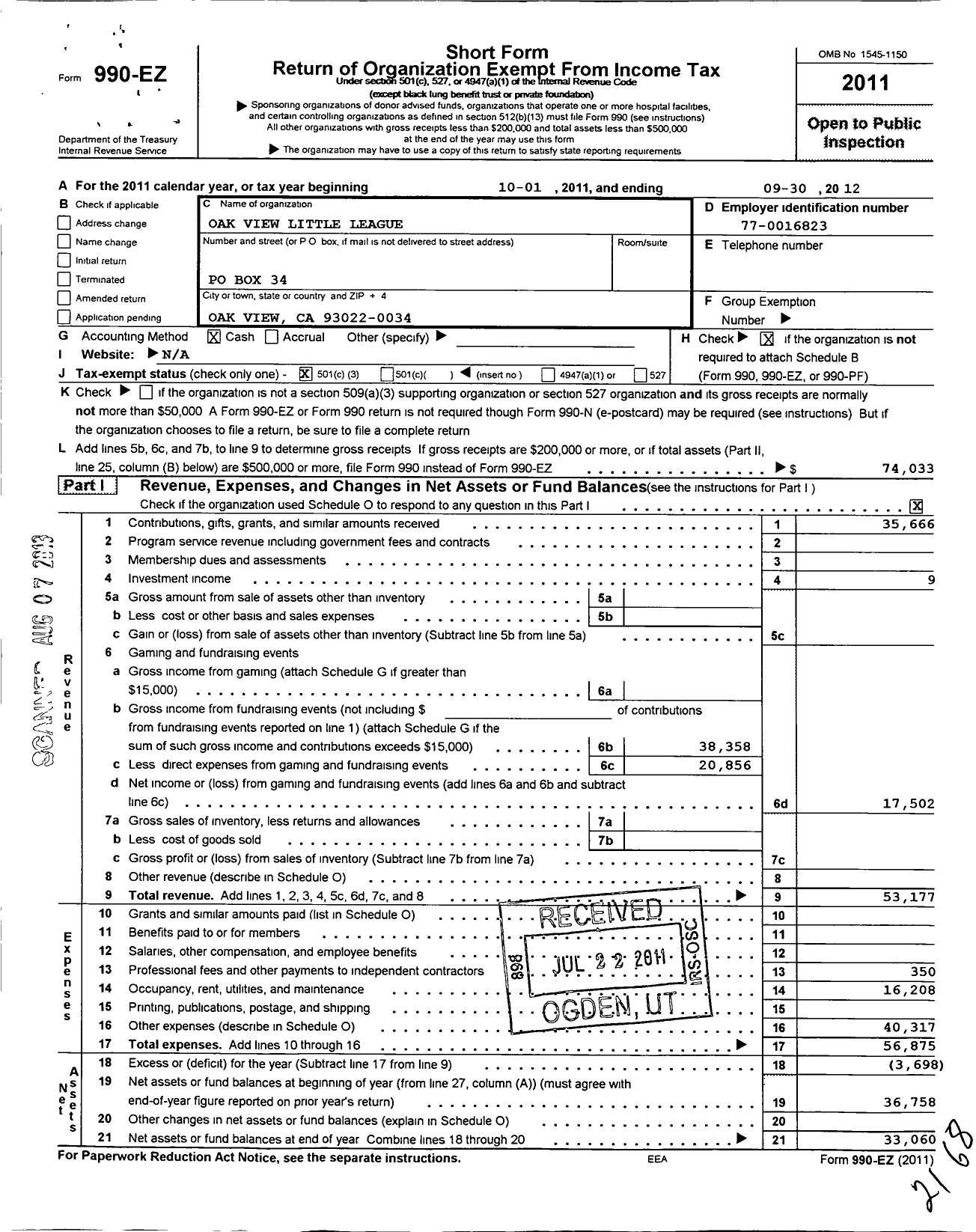 Image of first page of 2011 Form 990EZ for Little League Baseball - 4056302 Ojai Valley LL