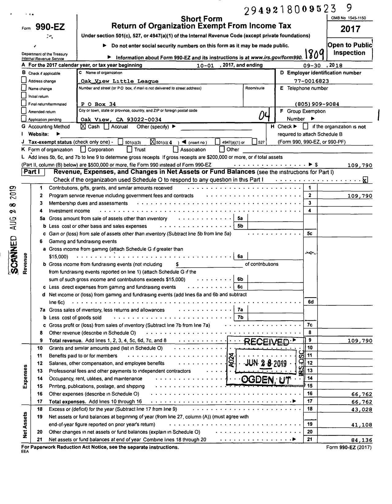 Image of first page of 2017 Form 990EO for Little League Baseball - 4056302 Ojai Valley LL