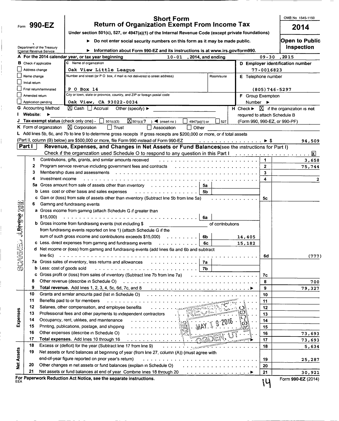 Image of first page of 2014 Form 990EO for Little League Baseball - 4056302 Ojai Valley LL