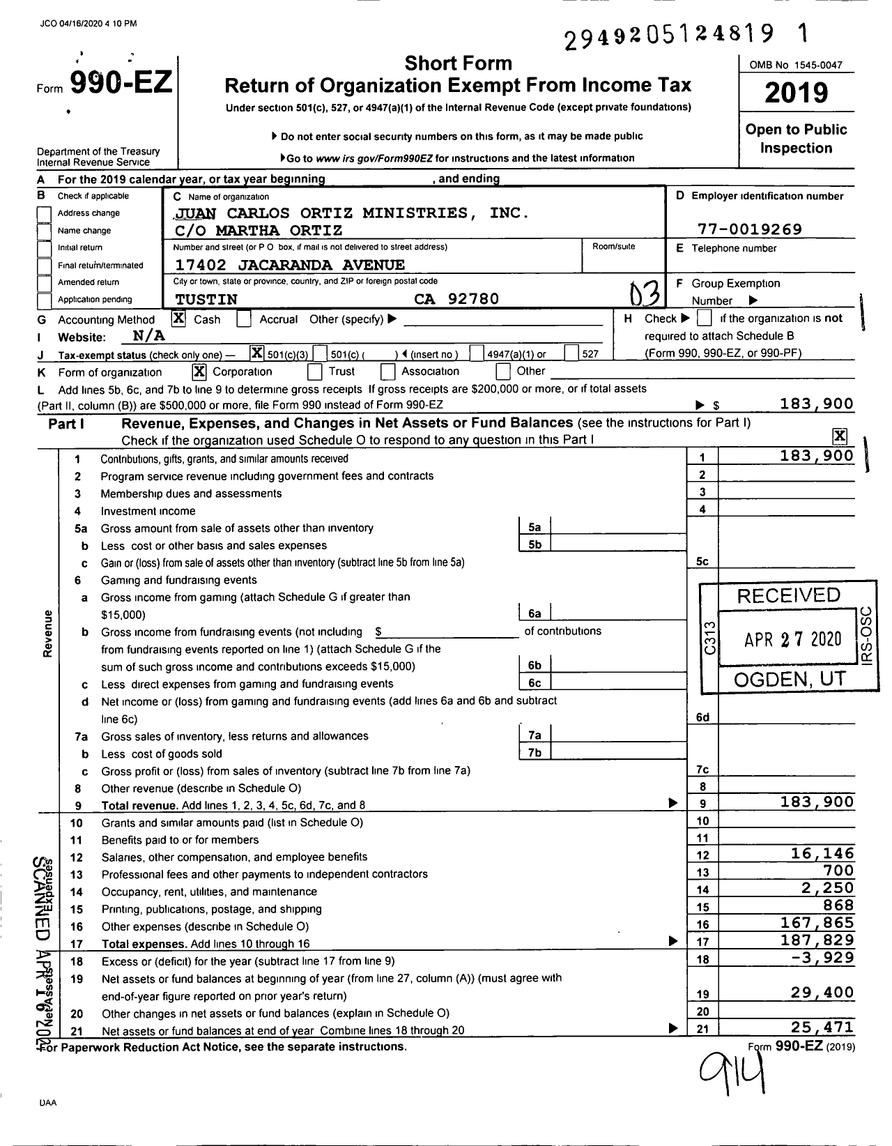 Image of first page of 2019 Form 990EZ for Juan Carlos Ortiz Ministries