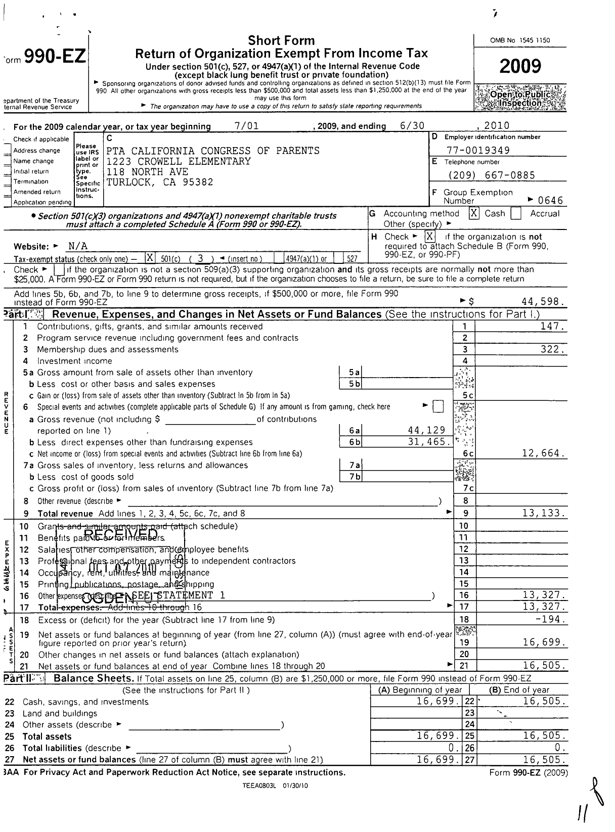 Image of first page of 2009 Form 990EZ for California State PTA - 1223 Crowell Elementary PTA