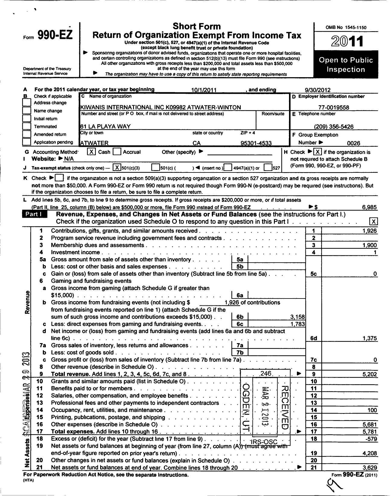 Image of first page of 2011 Form 990EZ for Kiwanis International