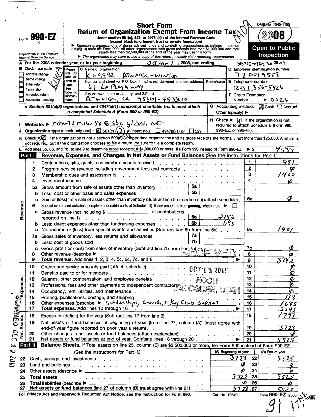 Image of first page of 2008 Form 990EO for Kiwanis International