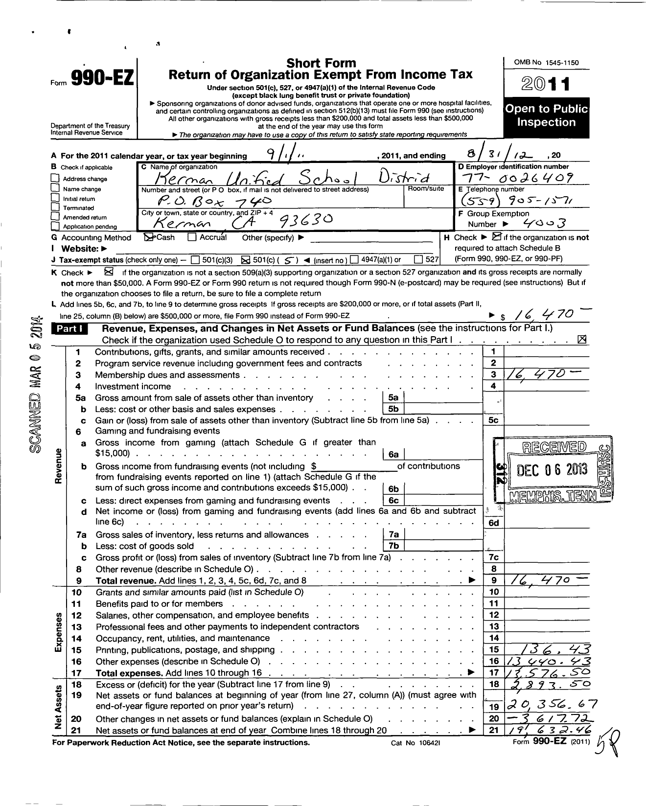 Image of first page of 2011 Form 990EO for California Teachers Association - Kerman Unified Teachers Assn