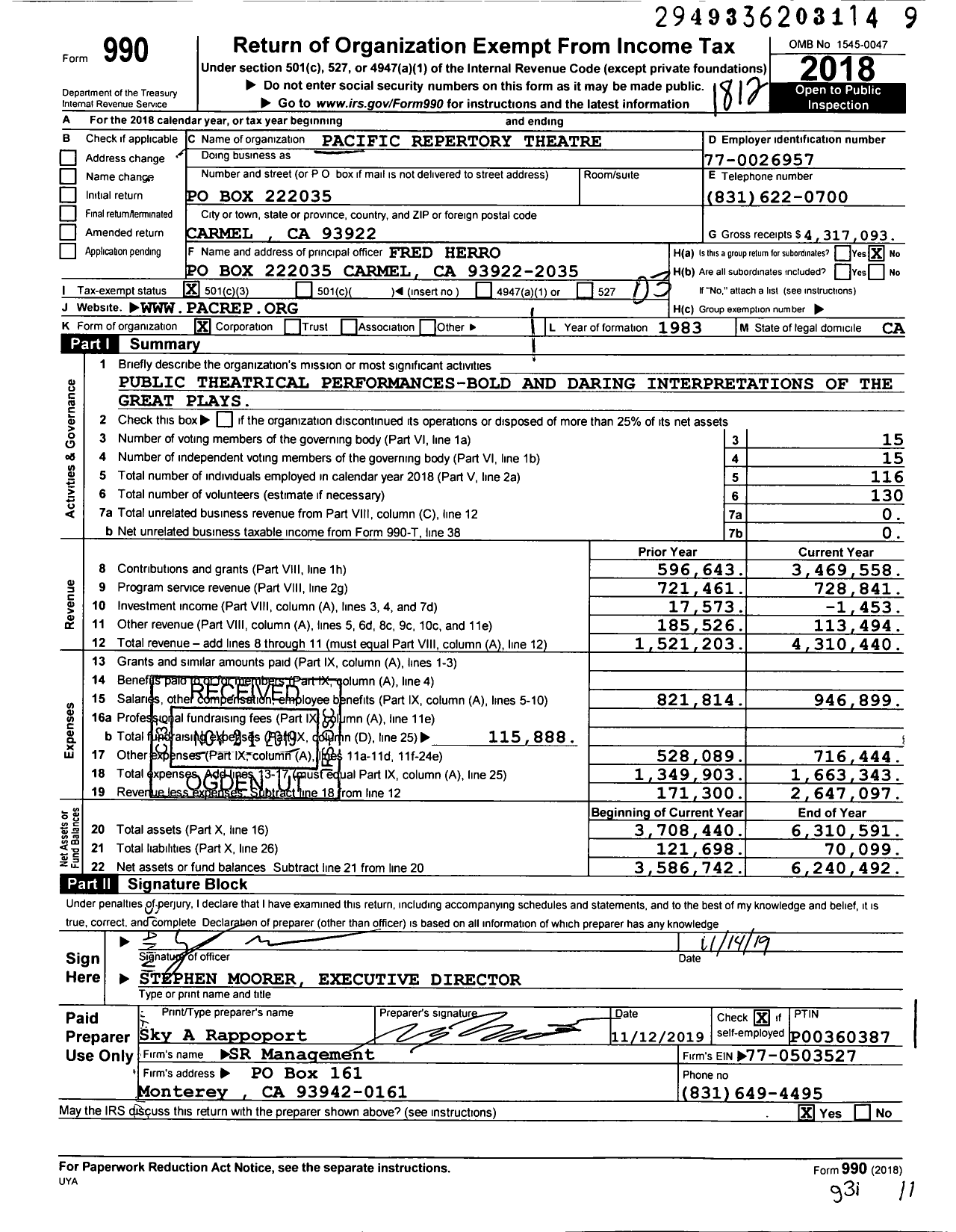 Image of first page of 2018 Form 990 for Pacific Repertory Theatre (PacRep)