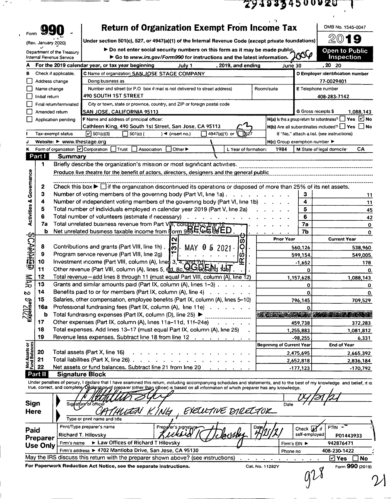 Image of first page of 2019 Form 990 for San Jose Stage Company