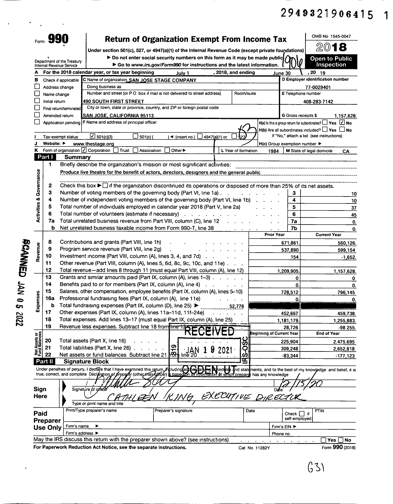Image of first page of 2018 Form 990 for San Jose Stage Company