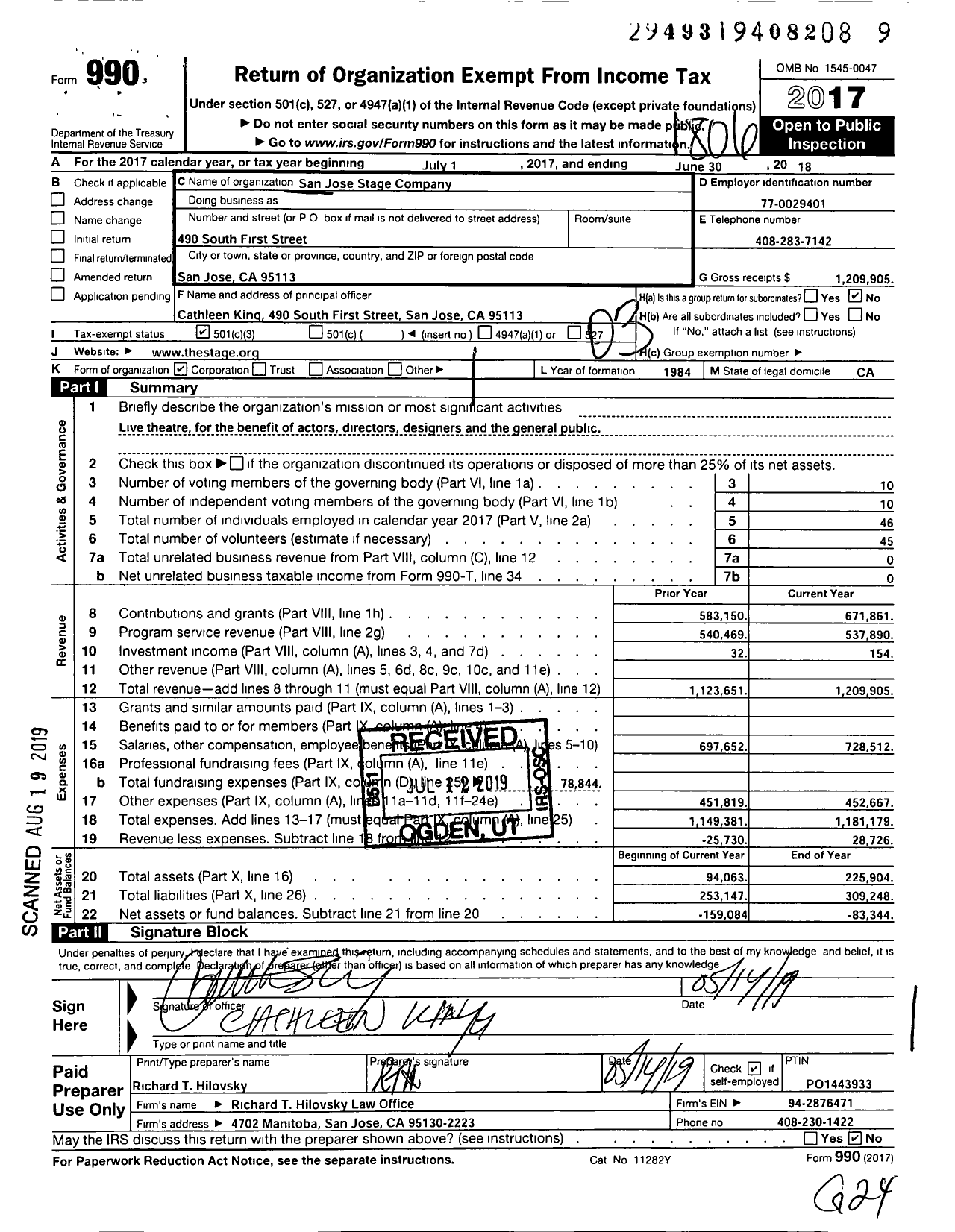 Image of first page of 2017 Form 990 for San Jose Stage Company