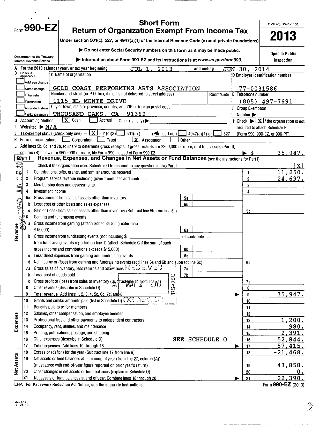 Image of first page of 2013 Form 990EZ for Gold Coast Performing Arts Association