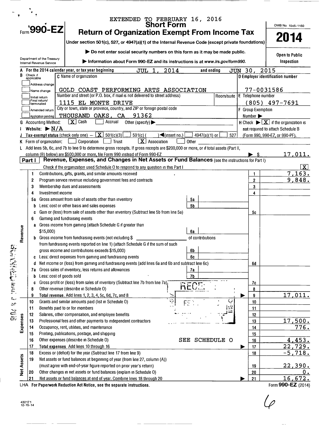 Image of first page of 2014 Form 990EZ for Gold Coast Performing Arts Association