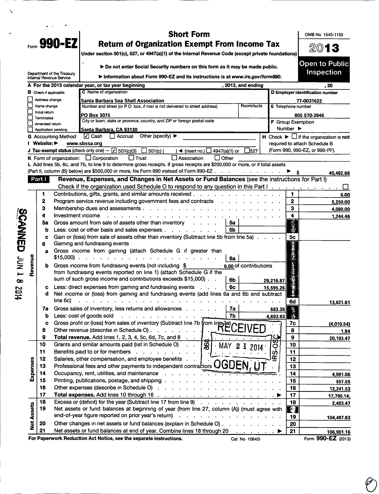 Image of first page of 2013 Form 990EZ for Santa Barbara Sea Shell Association