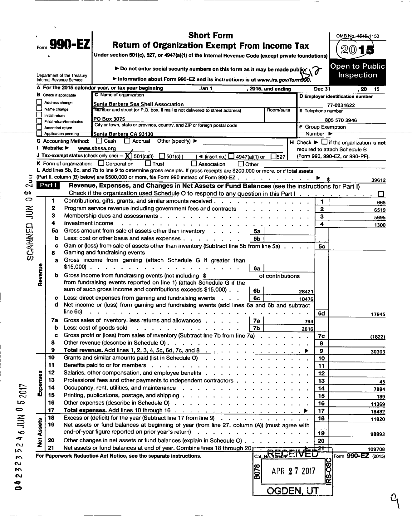 Image of first page of 2015 Form 990EZ for Santa Barbara Sea Shell Association