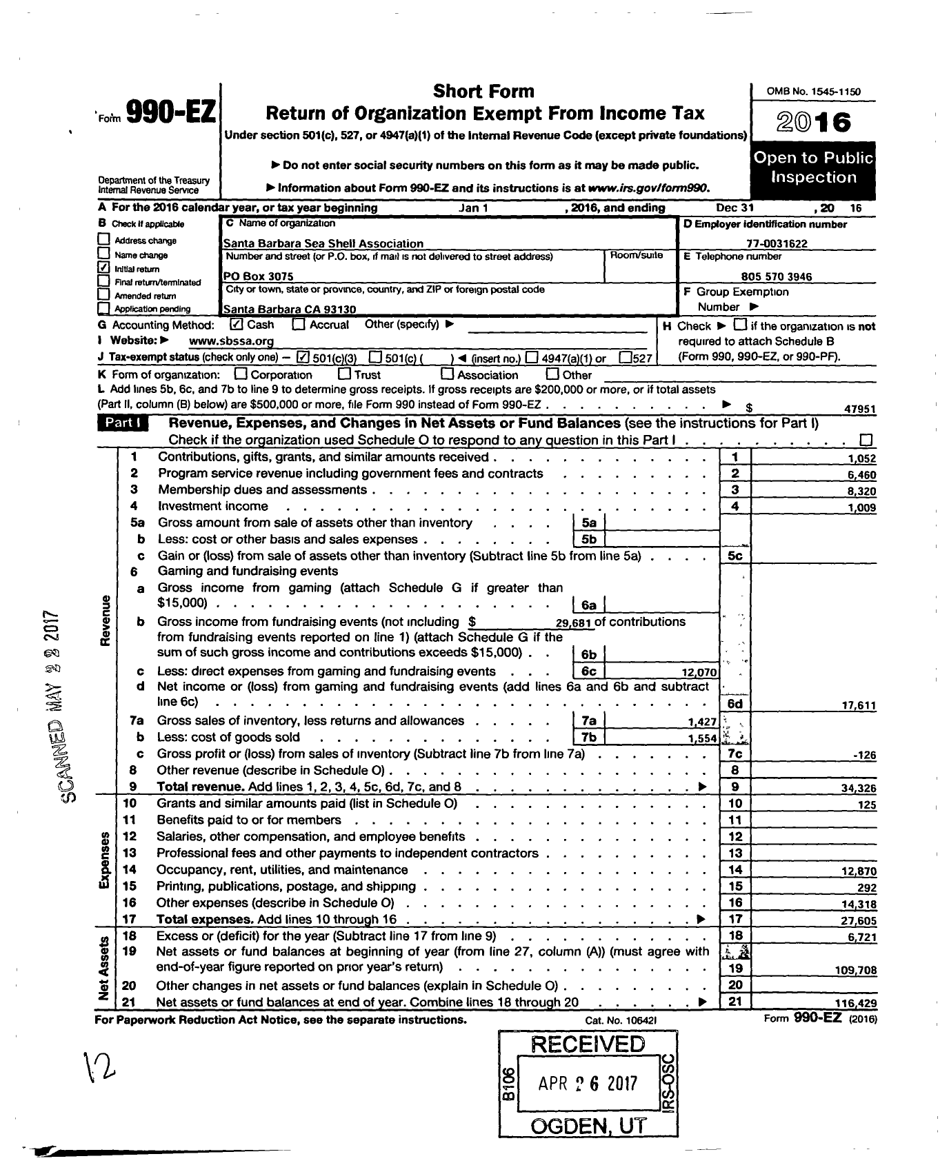 Image of first page of 2016 Form 990EZ for Santa Barbara Sea Shell Association