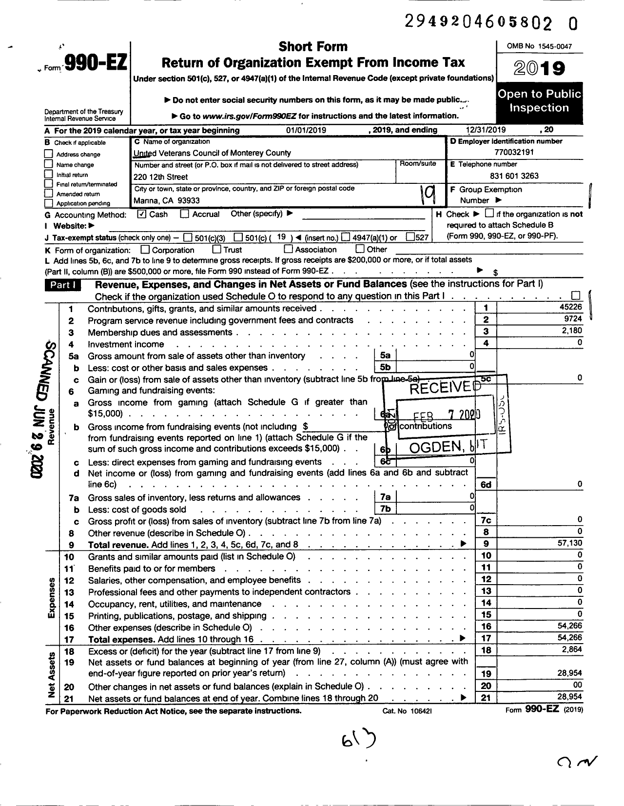 Image of first page of 2019 Form 990EO for United Veterans Council of Monterey County