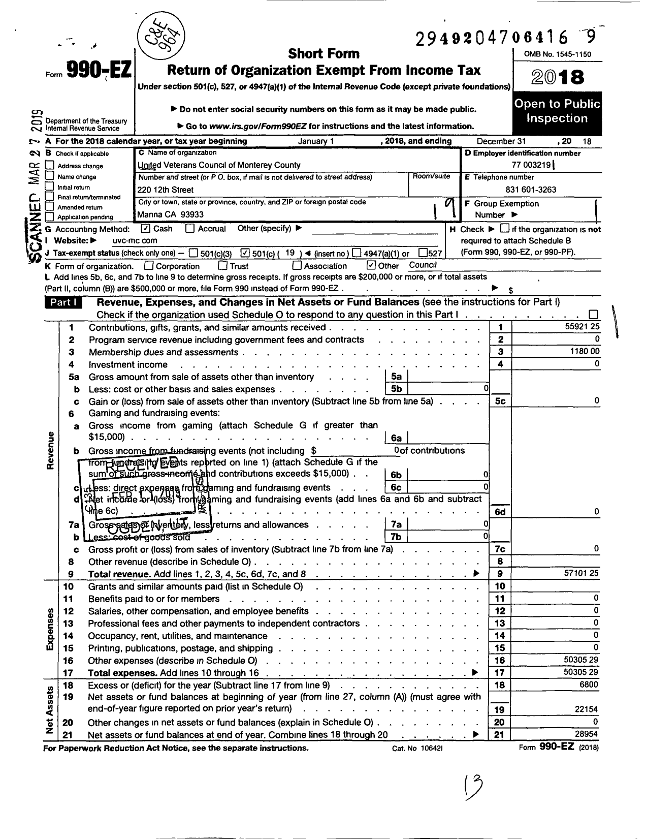 Image of first page of 2018 Form 990EO for United Veterans Council of Monterey County