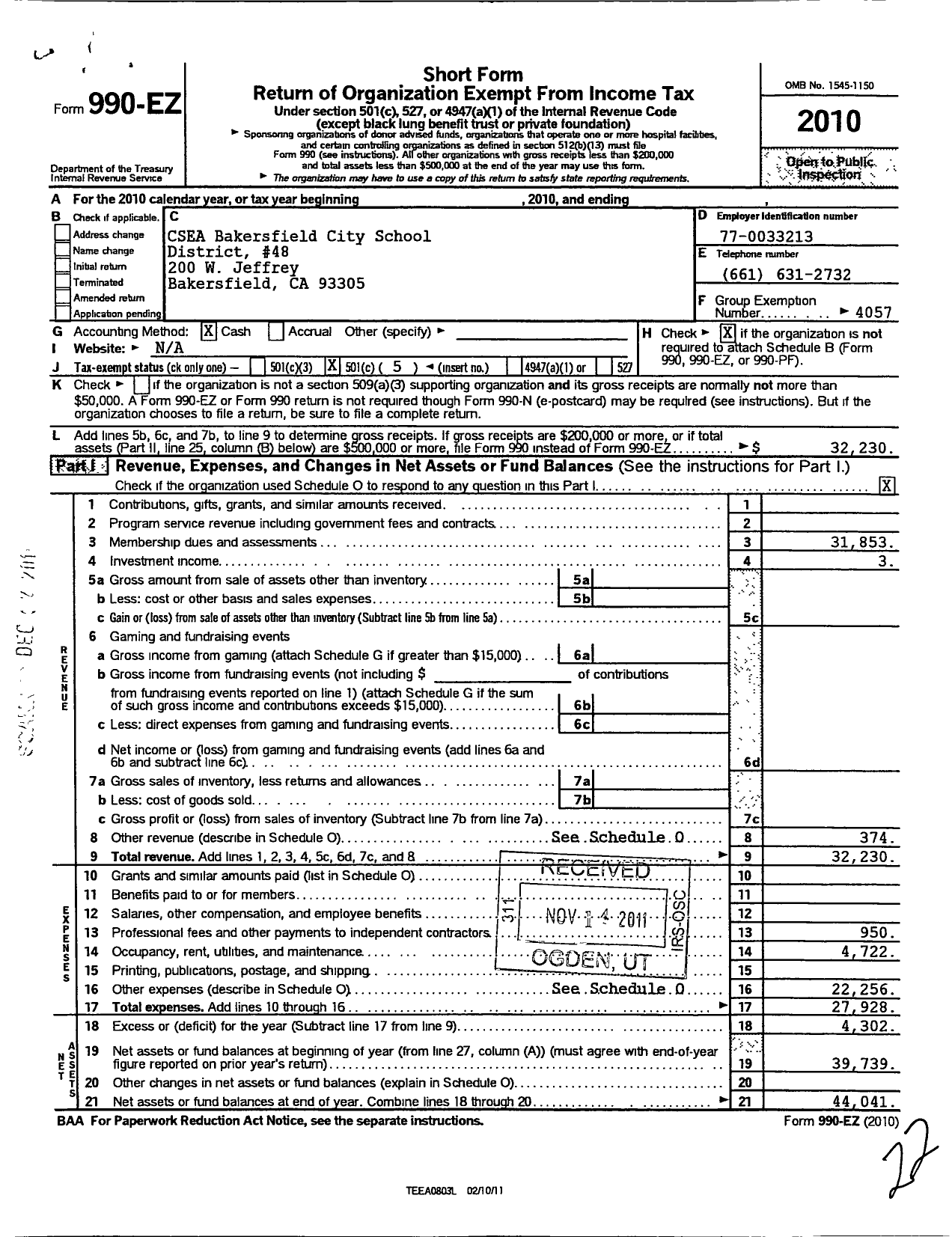 Image of first page of 2010 Form 990EO for California School Employees Association - 48 Bakersfield City Schools