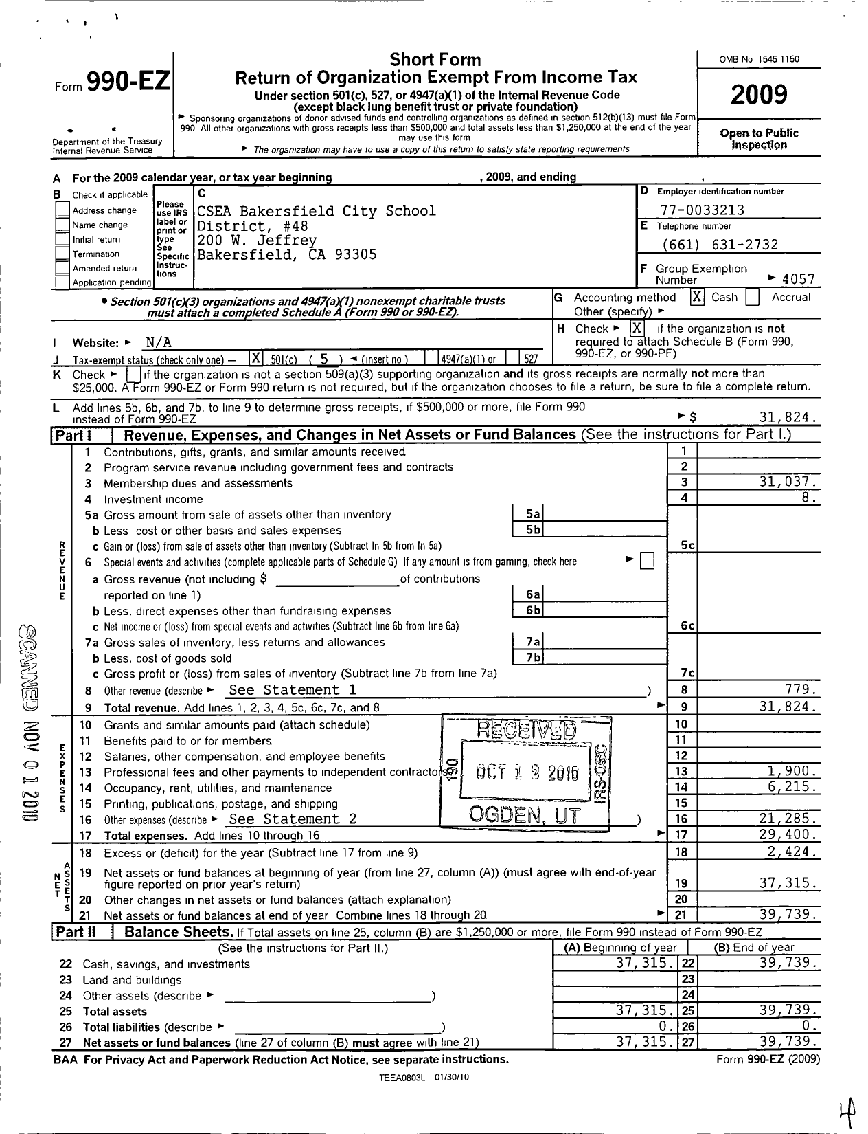 Image of first page of 2009 Form 990EO for California School Employees Association - 48 Bakersfield City Schools