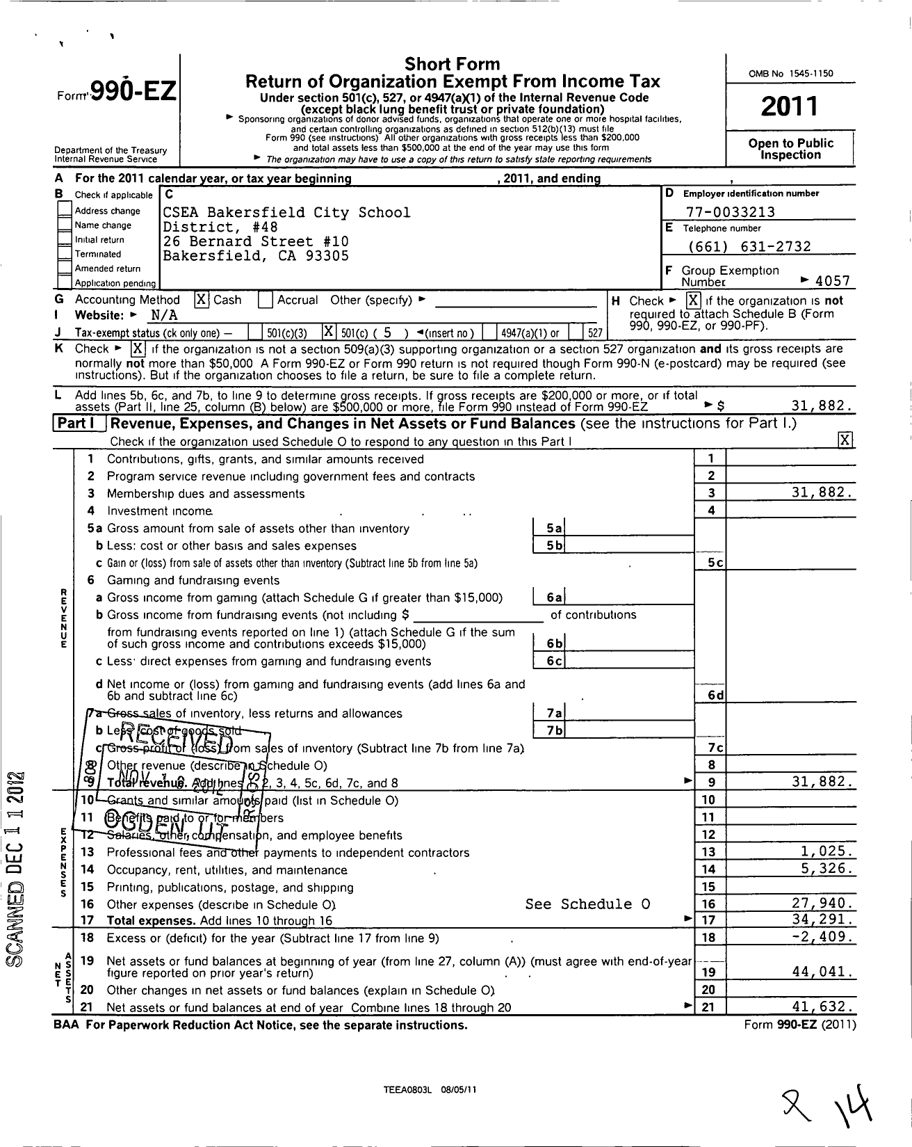 Image of first page of 2011 Form 990EO for California School Employees Association - 48 Bakersfield City Schools