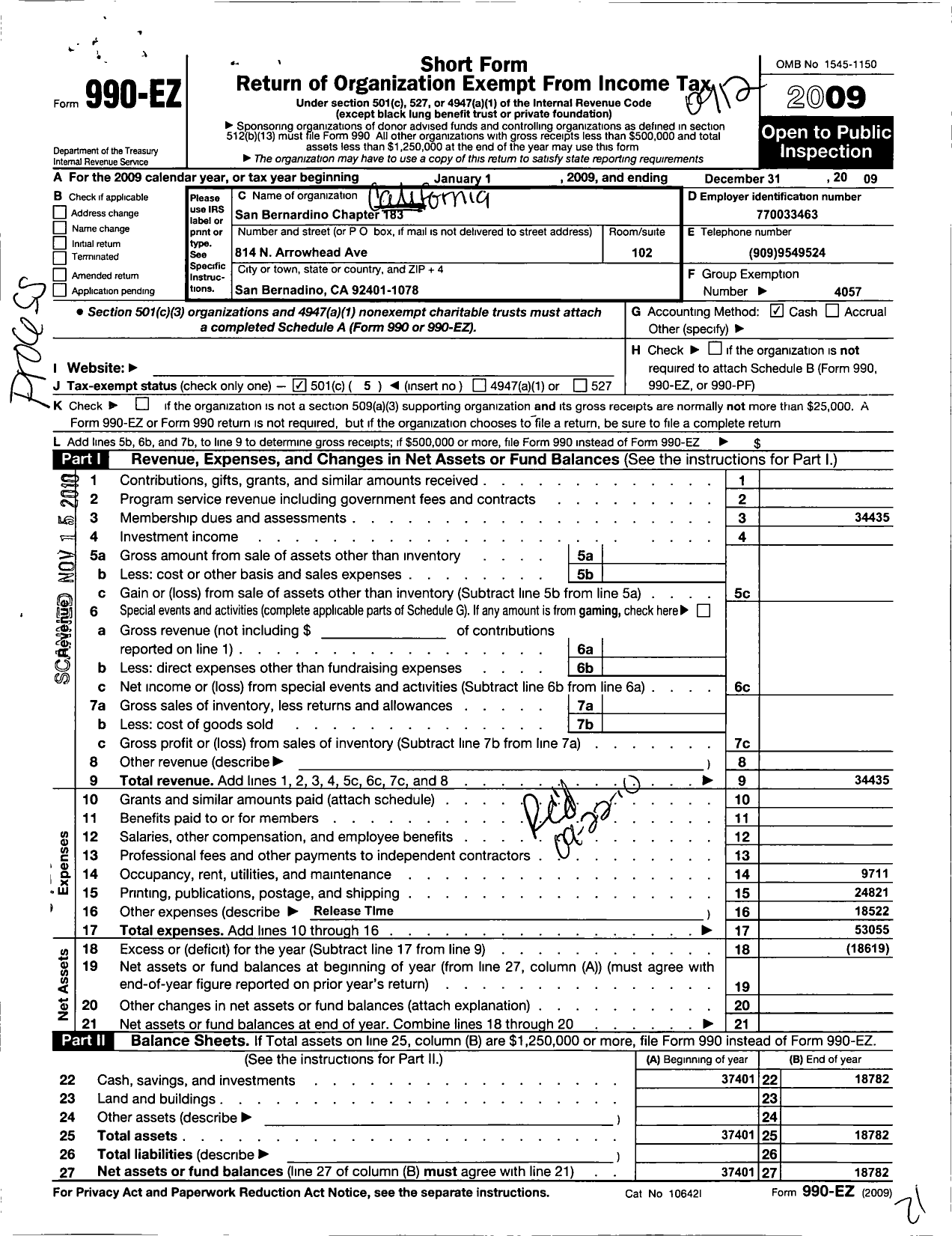 Image of first page of 2009 Form 990EO for California School Employees Association - 183 San Bernardino