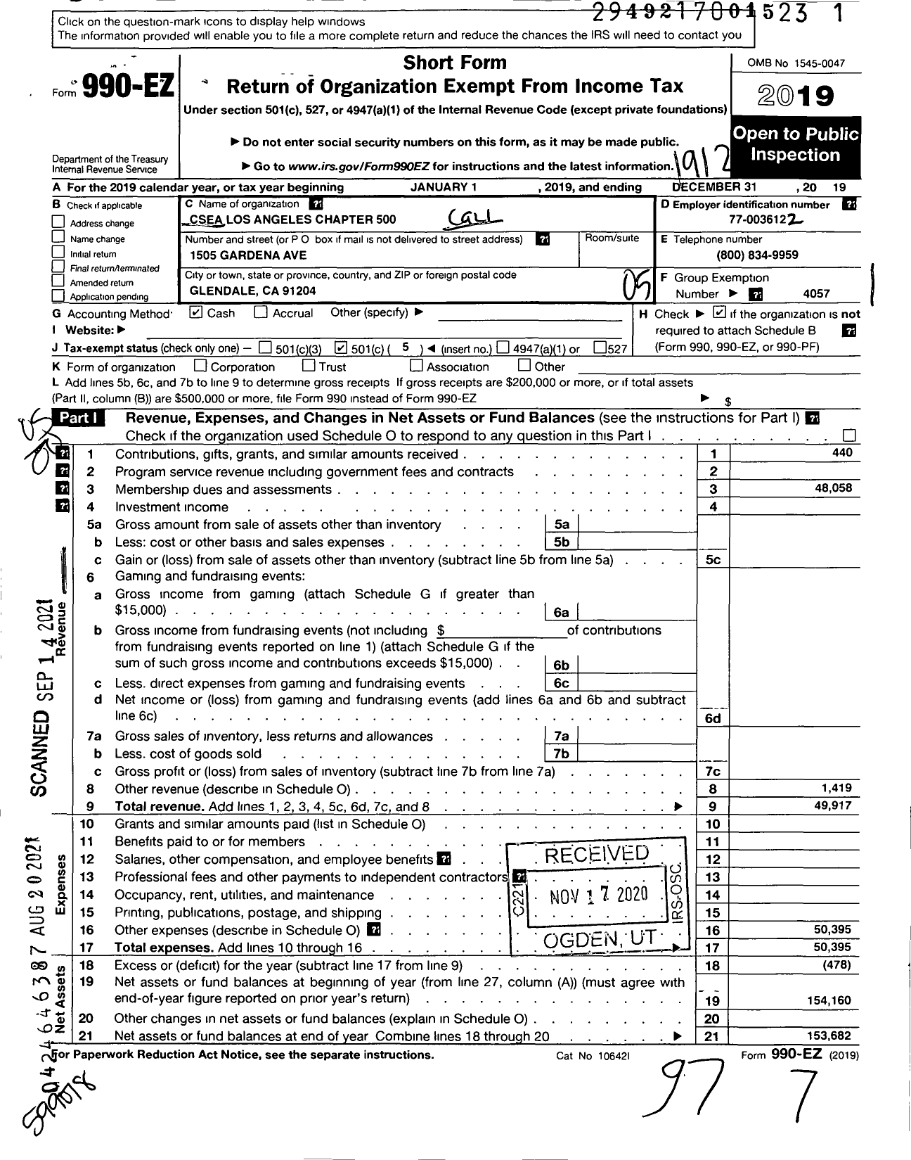 Image of first page of 2019 Form 990EO for California School Employees Association - 500 Los Angeles