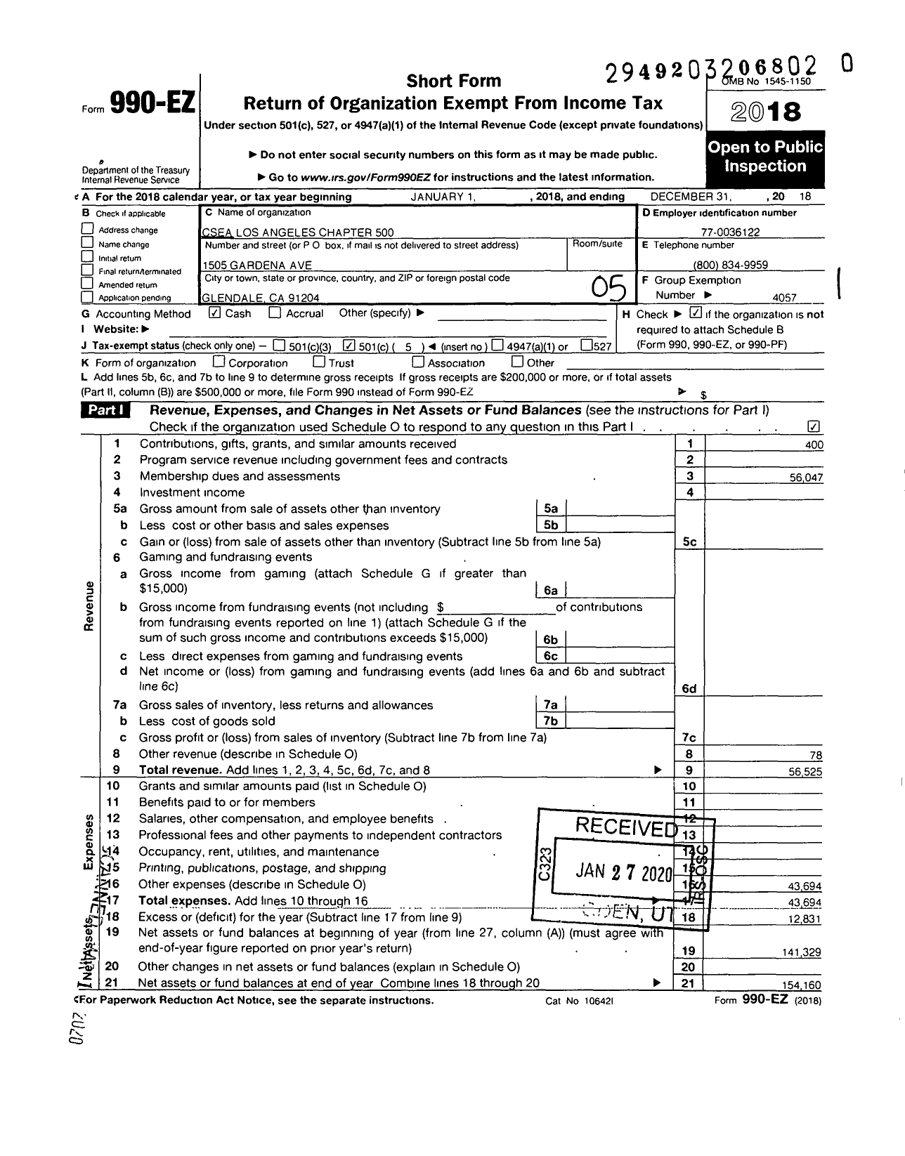 Image of first page of 2018 Form 990EO for California School Employees Association - 500 Los Angeles