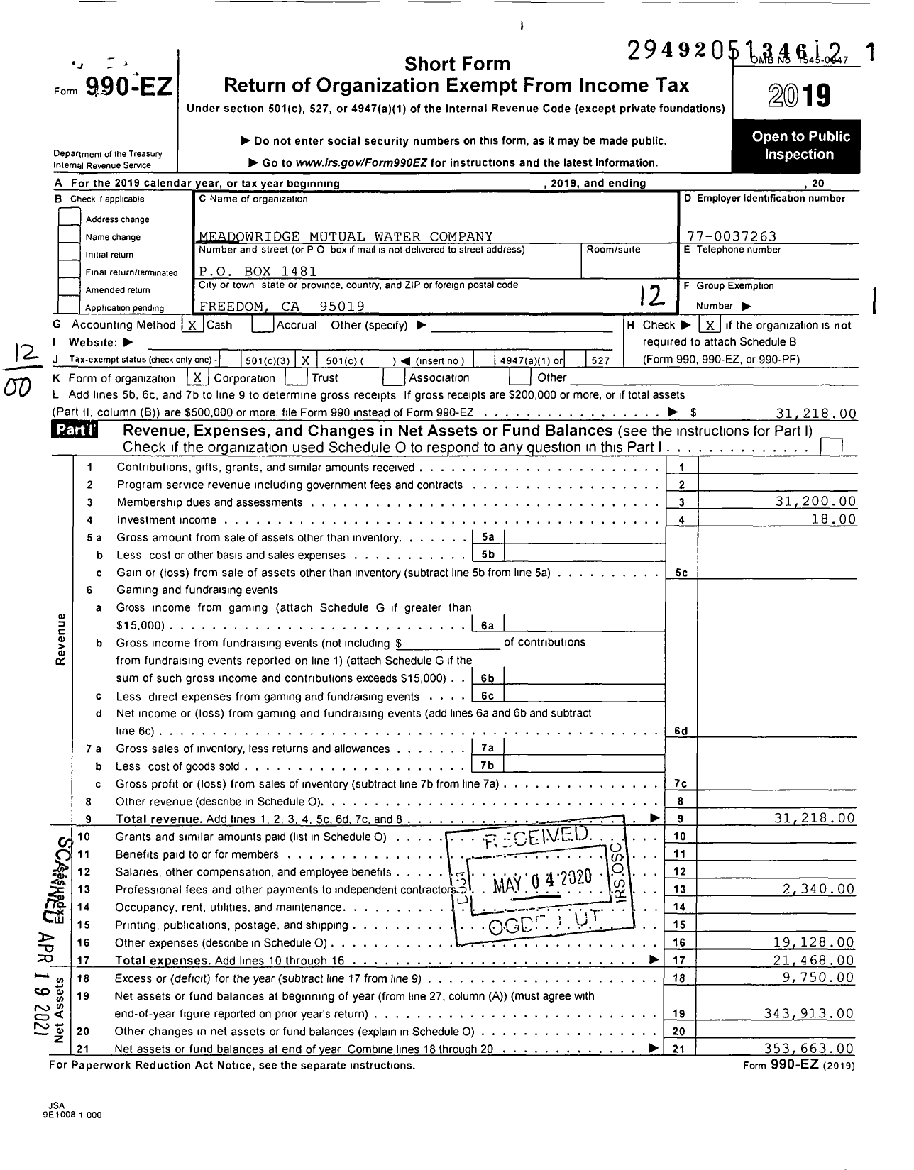 Image of first page of 2019 Form 990EO for Meadowridge Mutual Water Company