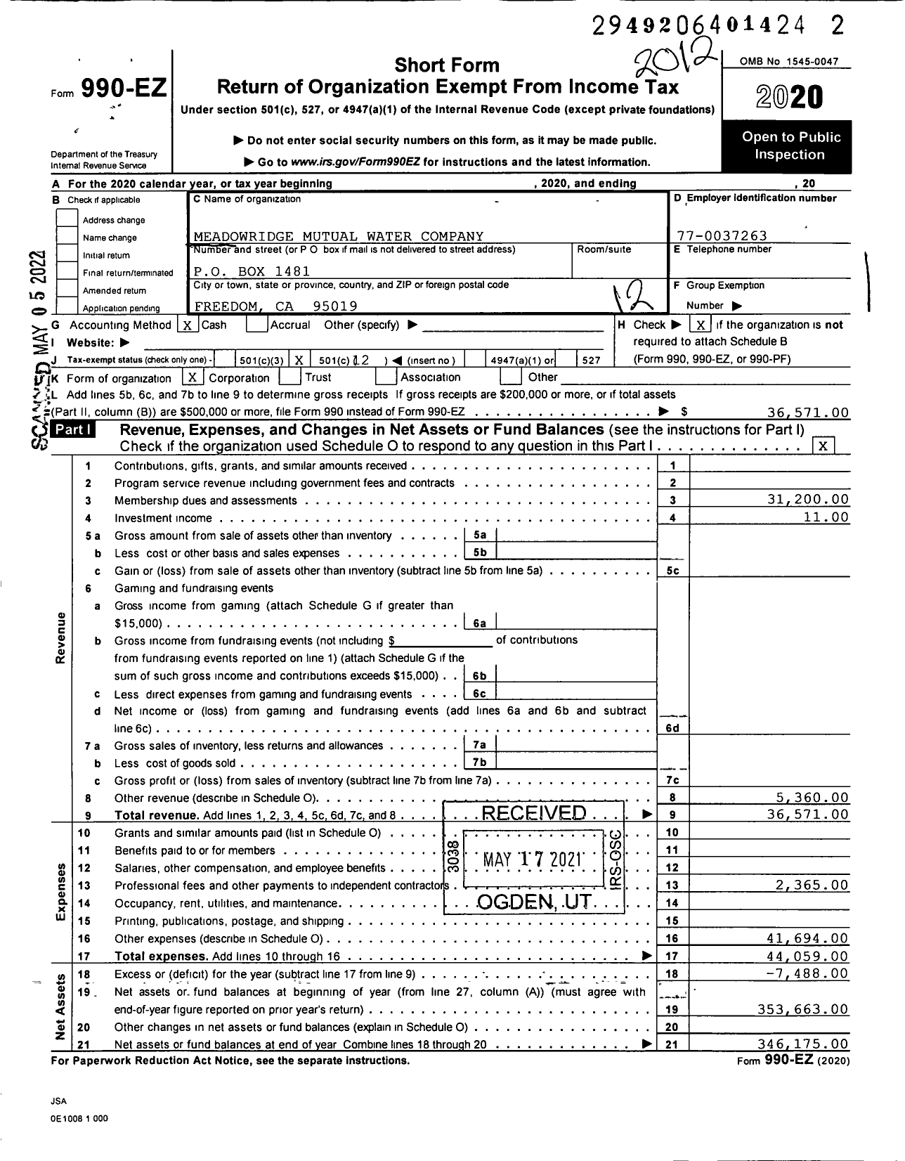 Image of first page of 2020 Form 990EO for Meadowridge Mutual Water Company