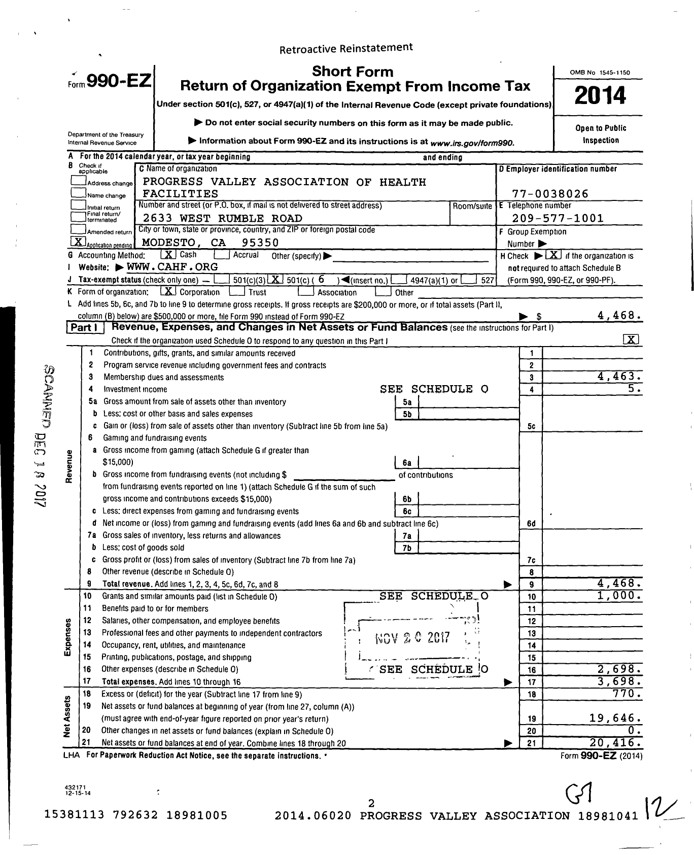 Image of first page of 2014 Form 990EO for Progress Valley Association of Health Facilities