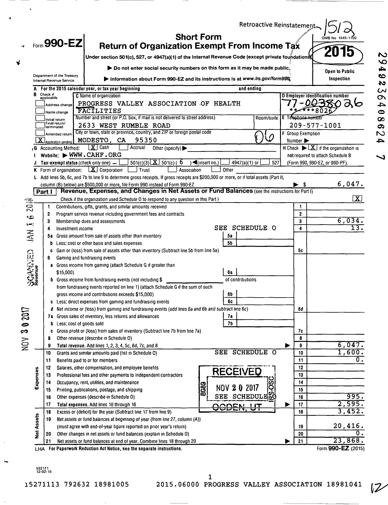 Image of first page of 2015 Form 990EO for Progress Valley Association of Health Facilities